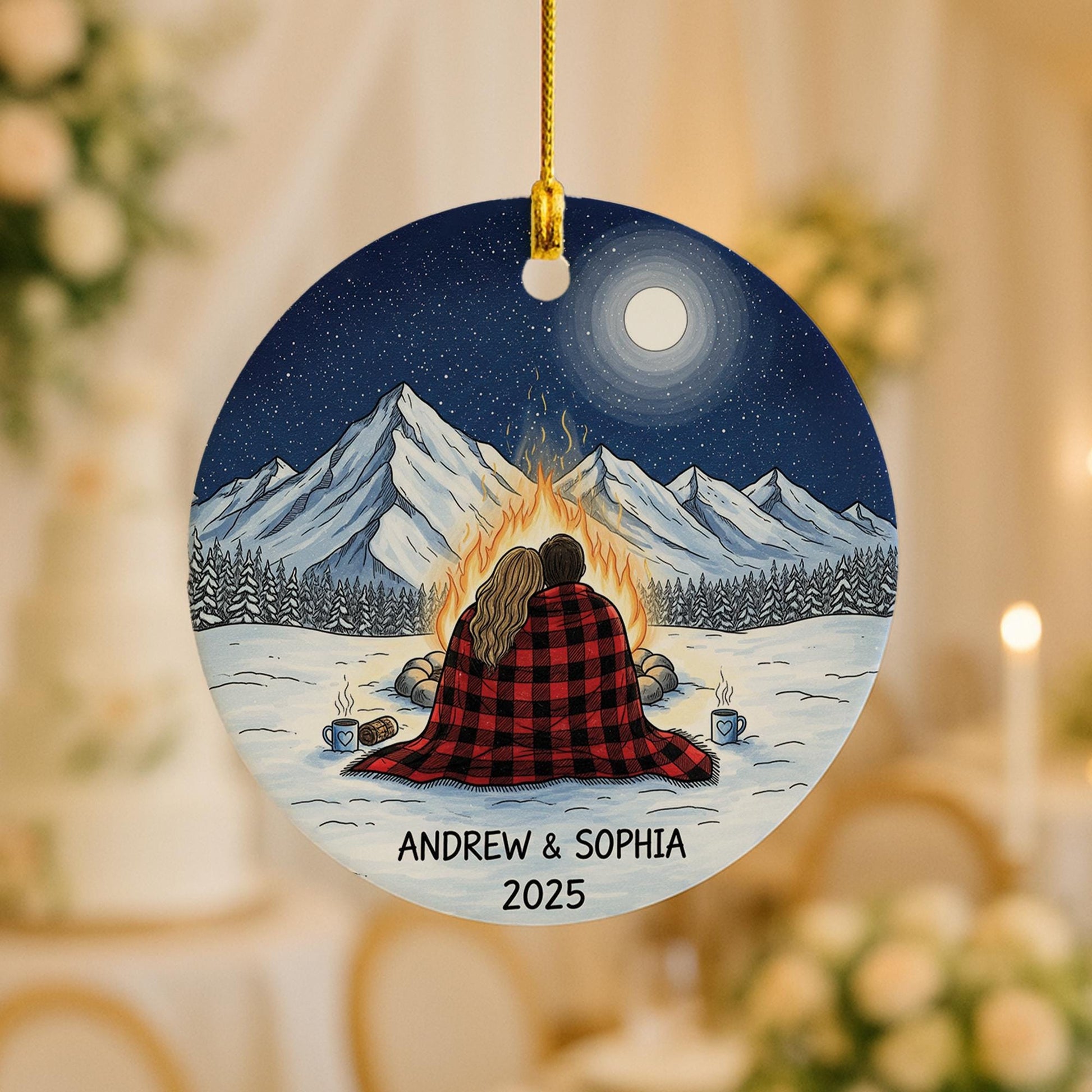Personalized Couple Christmas Ornament – Custom Campfire Mountain Scene with Names & Year, Romantic Holiday Gift 2025
