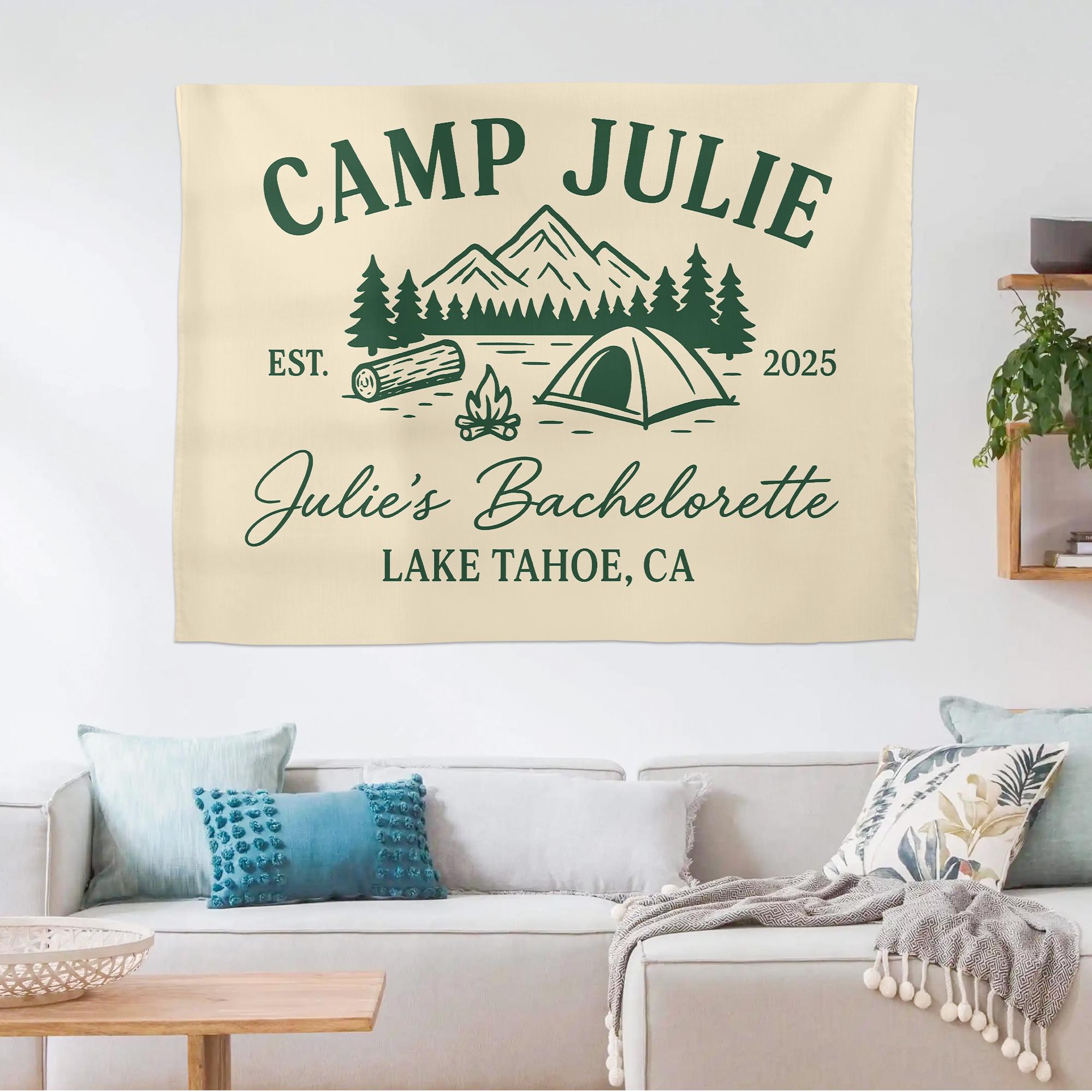 Custom Camp Bachelorette Tapestry – Personalized Lake Tahoe Party Banner, Outdoor Wedding Décor