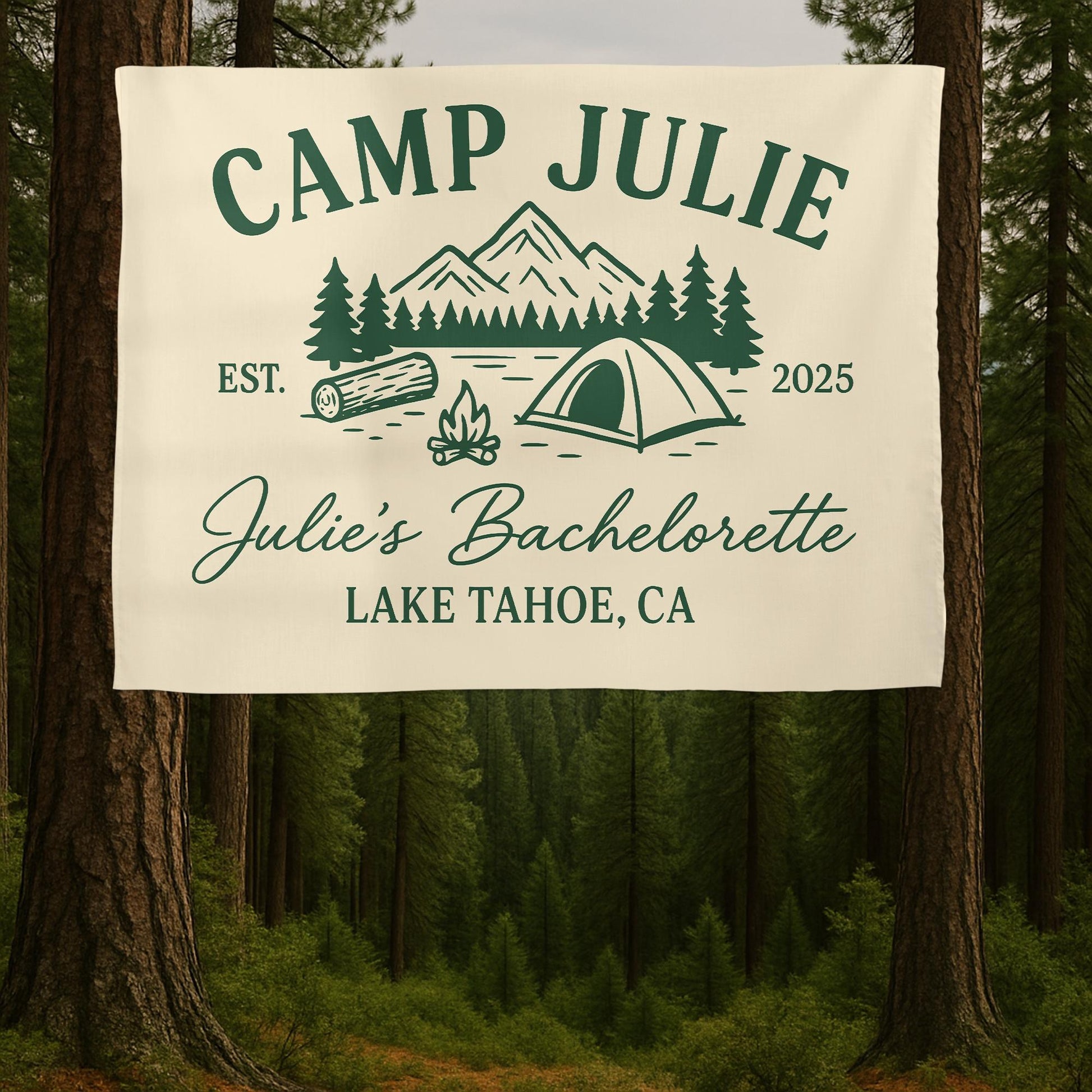 Custom Camp Bachelorette Tapestry – Personalized Lake Tahoe Party Banner, Outdoor Wedding Décor