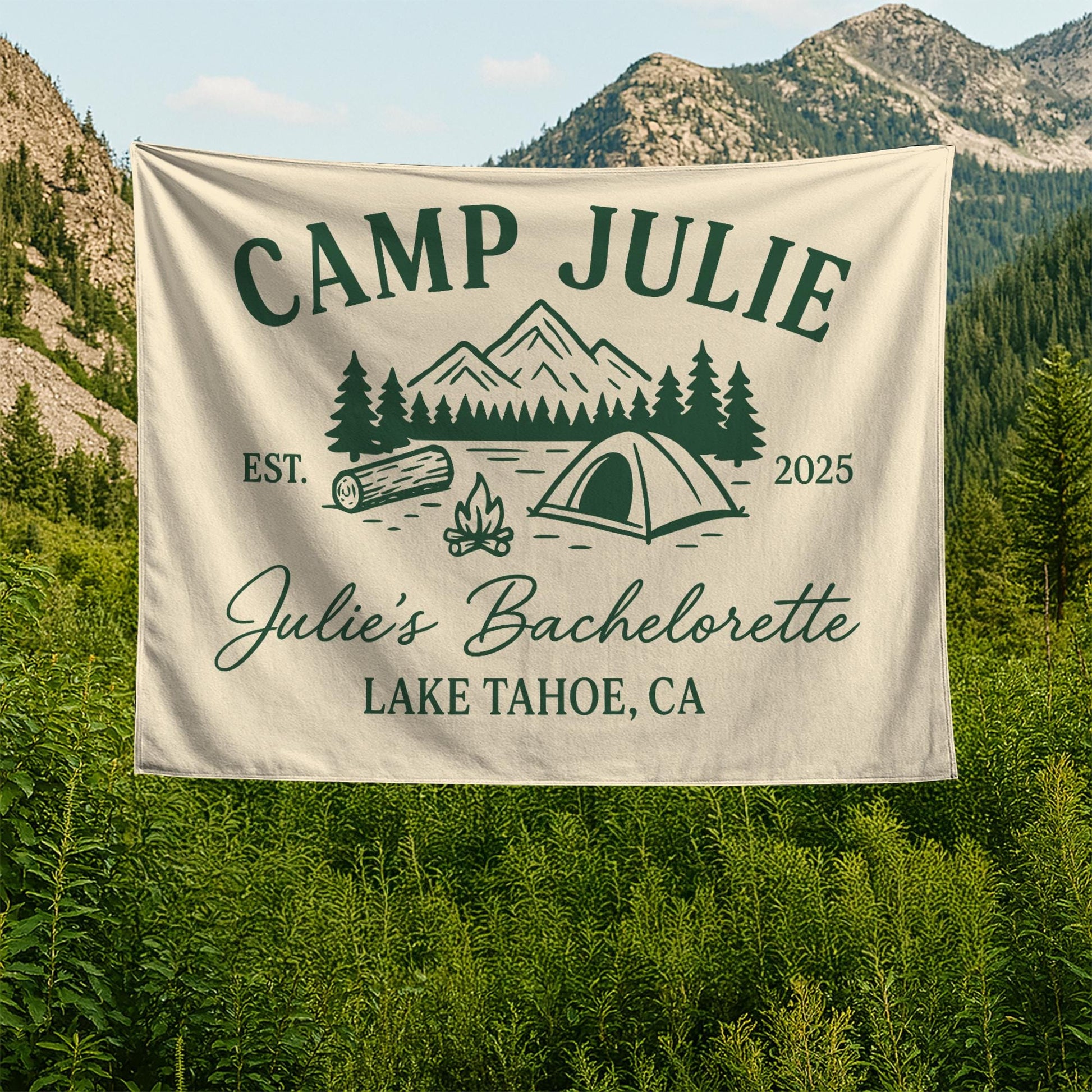 Custom Camp Bachelorette Tapestry – Personalized Lake Tahoe Party Banner, Outdoor Wedding Décor
