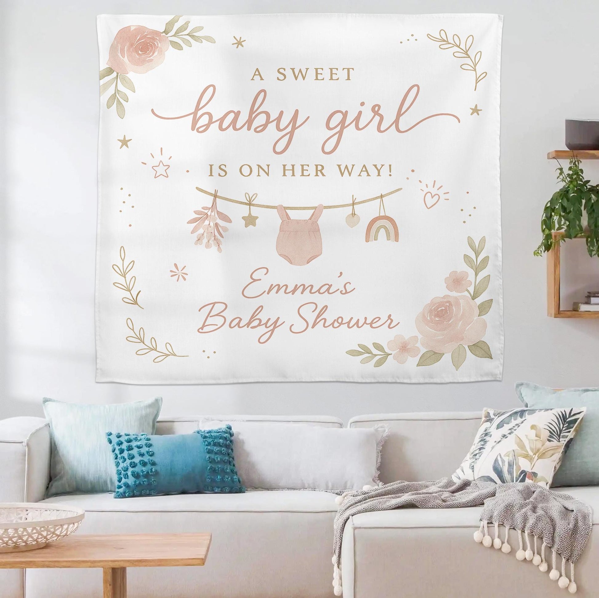 Personalized Baby Shower Tapestry – Custom Name Baby Girl Party Backdrop Decoration
