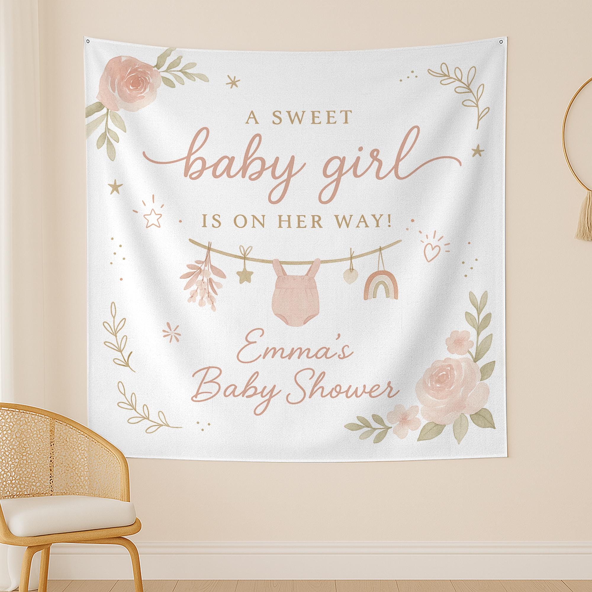 Personalized Baby Shower Tapestry – Custom Name Baby Girl Party Backdrop Decoration