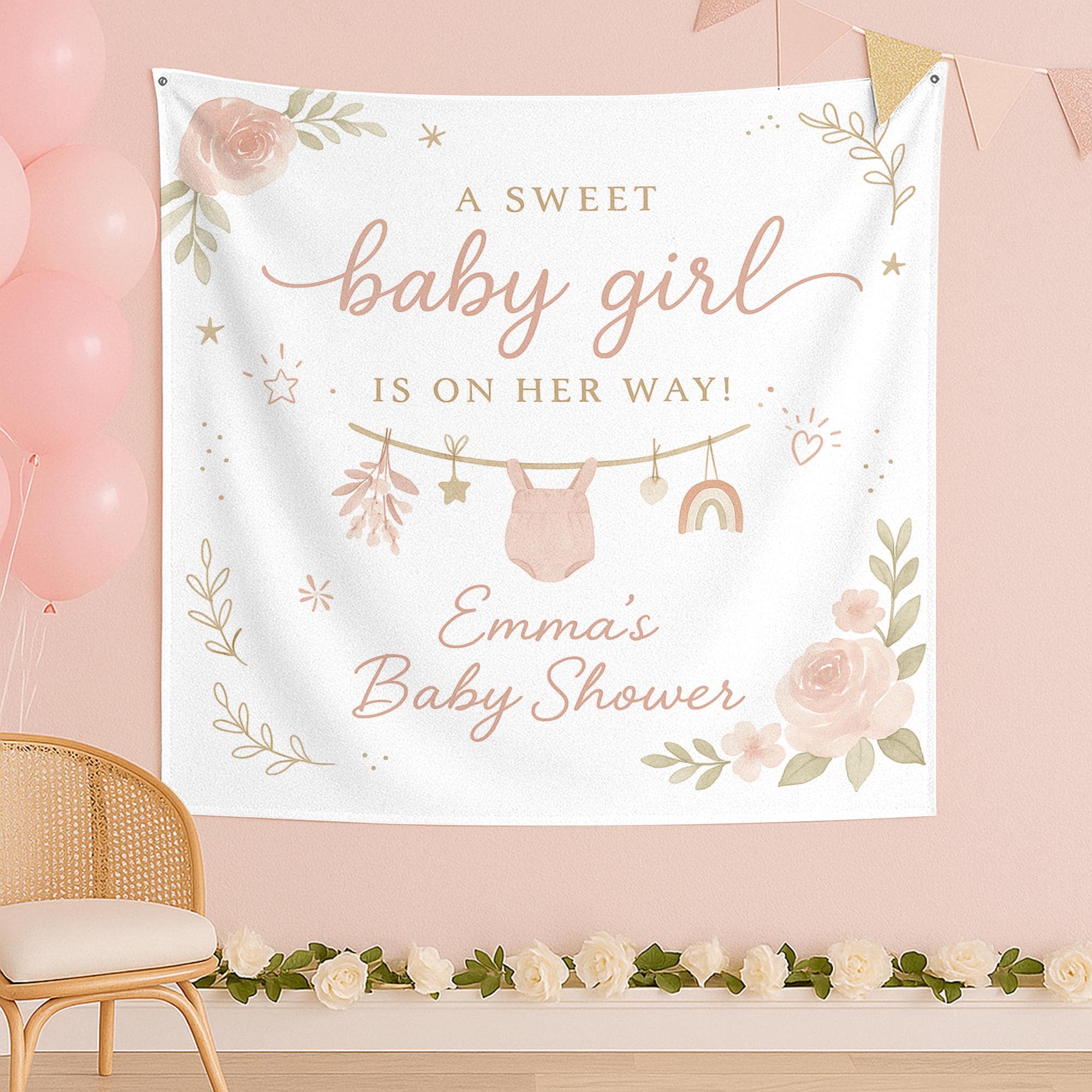 Personalized Baby Shower Tapestry – Custom Name Baby Girl Party Backdrop Decoration