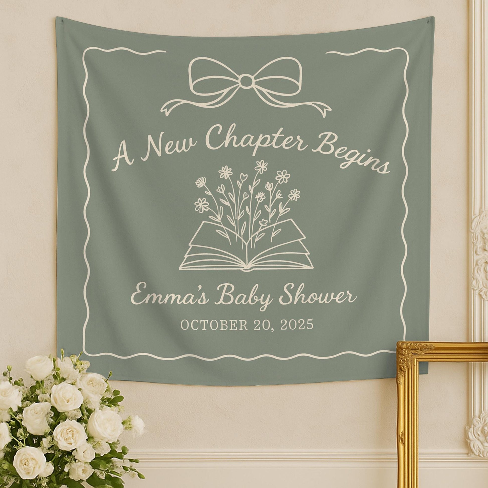New Chapter Baby Shower Tapestry – Personalized Book Theme Party Backdrop with Name & Date