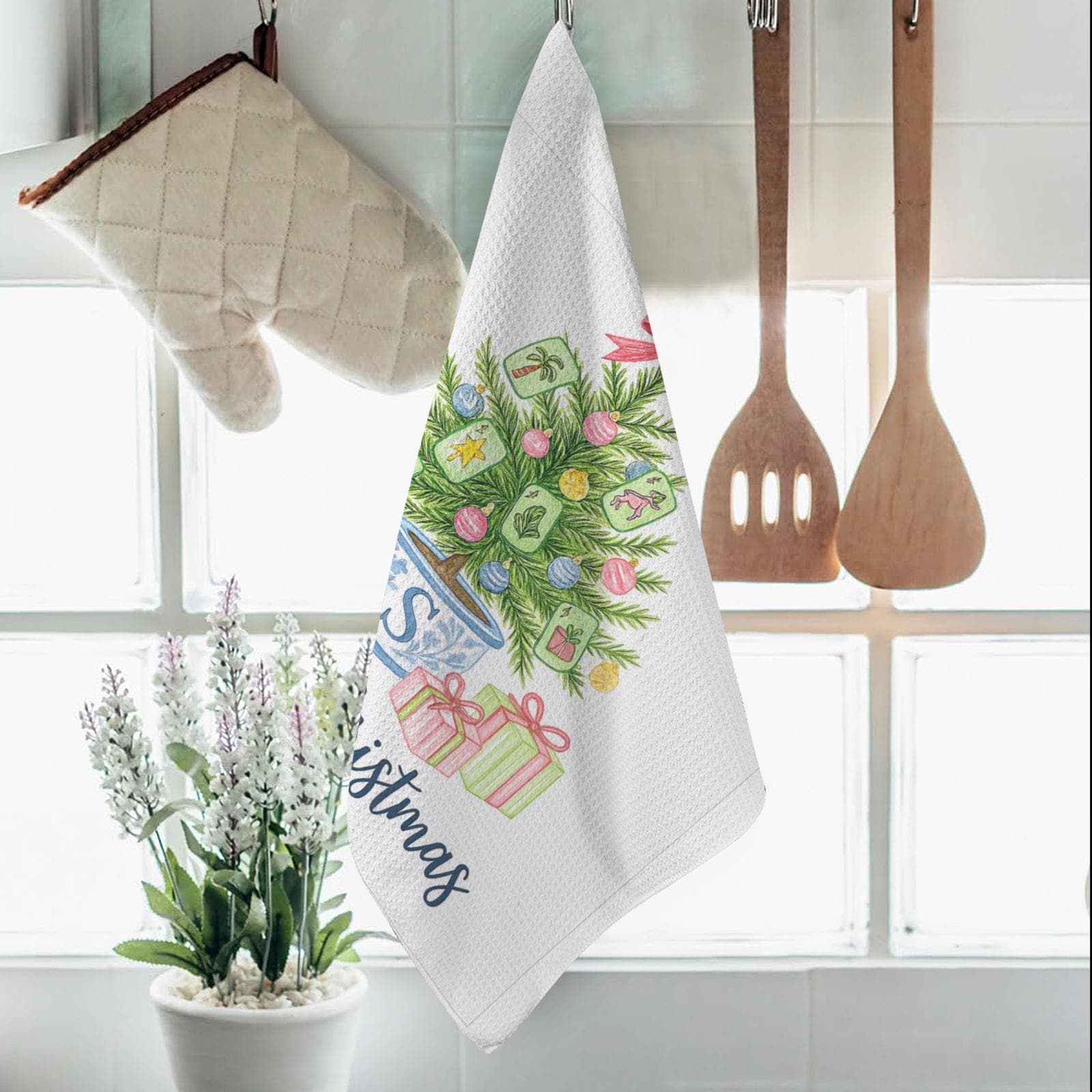 Custom Chinoiserie Mahjong Christmas Kitchen Towel | Personalized Blue and White Holiday Tea Towel | Festive Gift for Mahjong Lovers