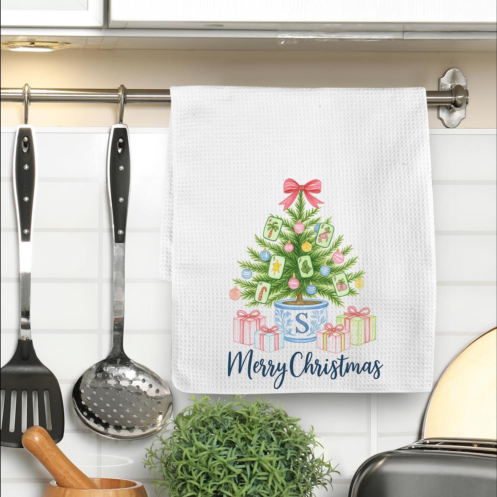 Custom Chinoiserie Mahjong Christmas Kitchen Towel | Personalized Blue and White Holiday Tea Towel | Festive Gift for Mahjong Lovers