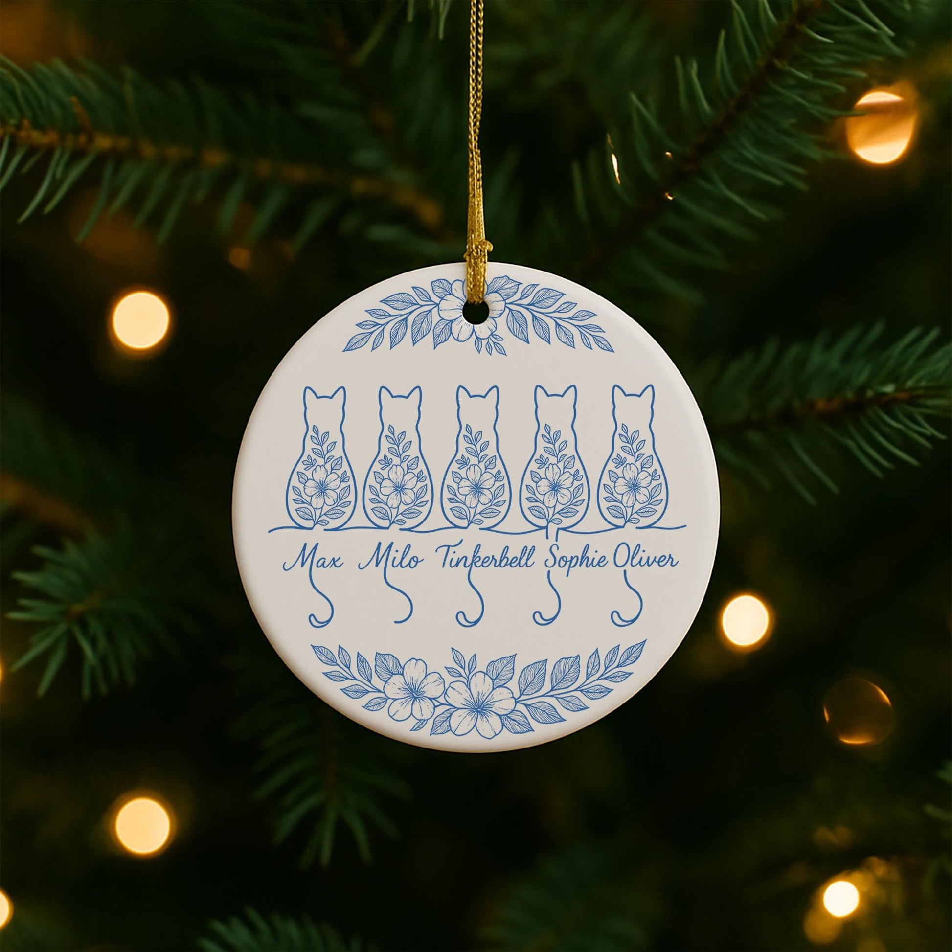 Custom Chinoiserie Cat Ornament: Blue & White Ceramic Christmas Keepsake