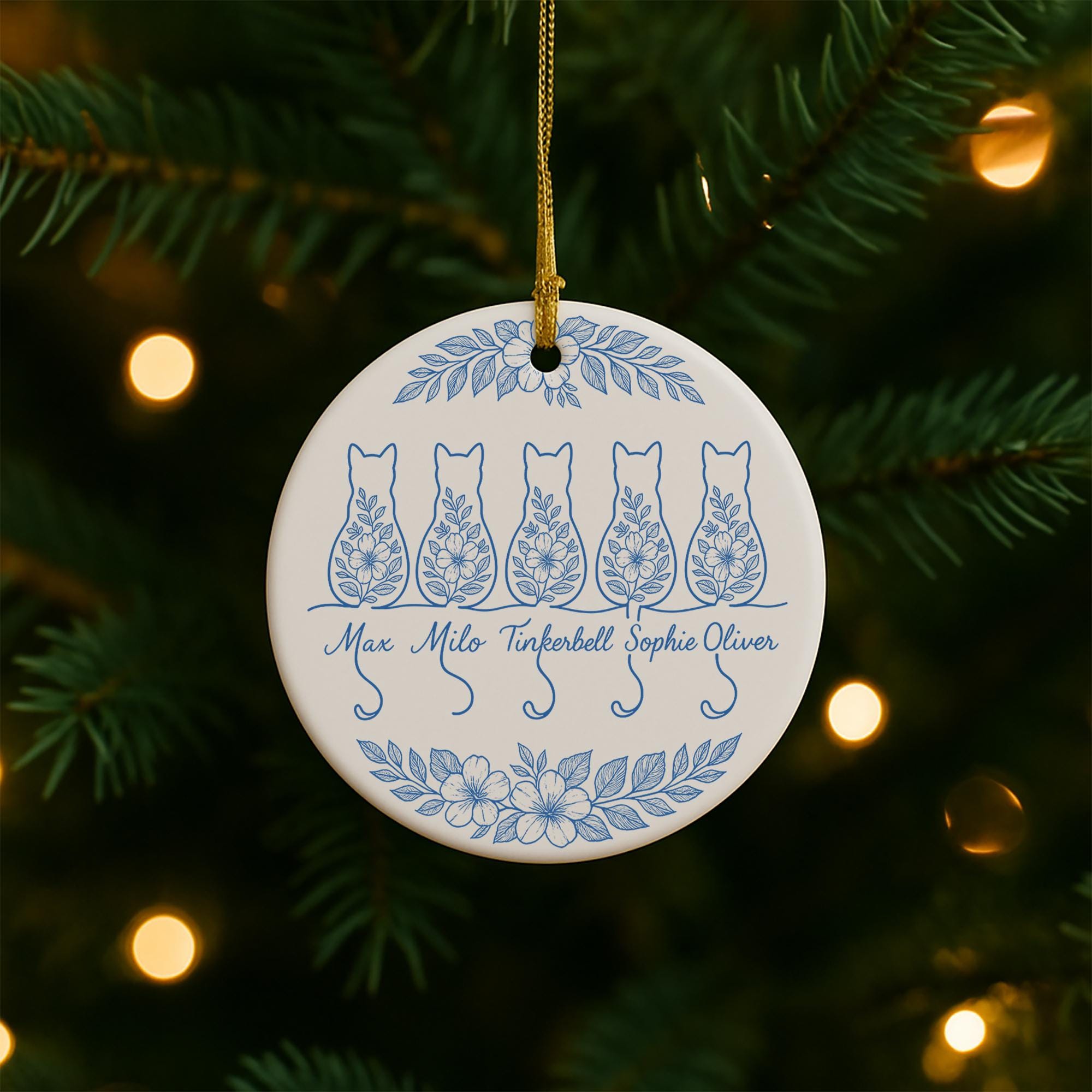 Custom Chinoiserie Cat Ornament: Blue & White Ceramic Christmas Keepsake