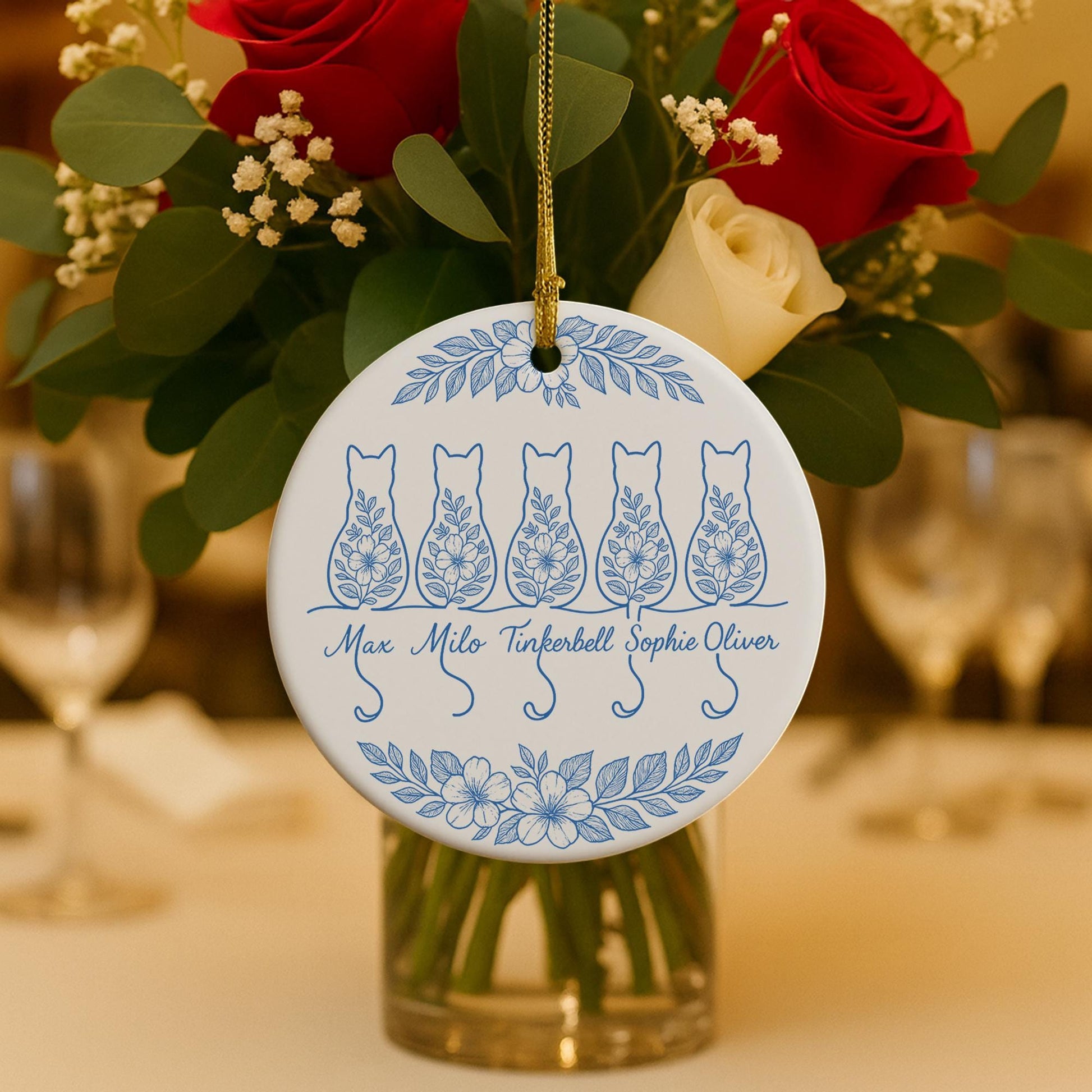 Custom Chinoiserie Cat Ornament: Blue & White Ceramic Christmas Keepsake