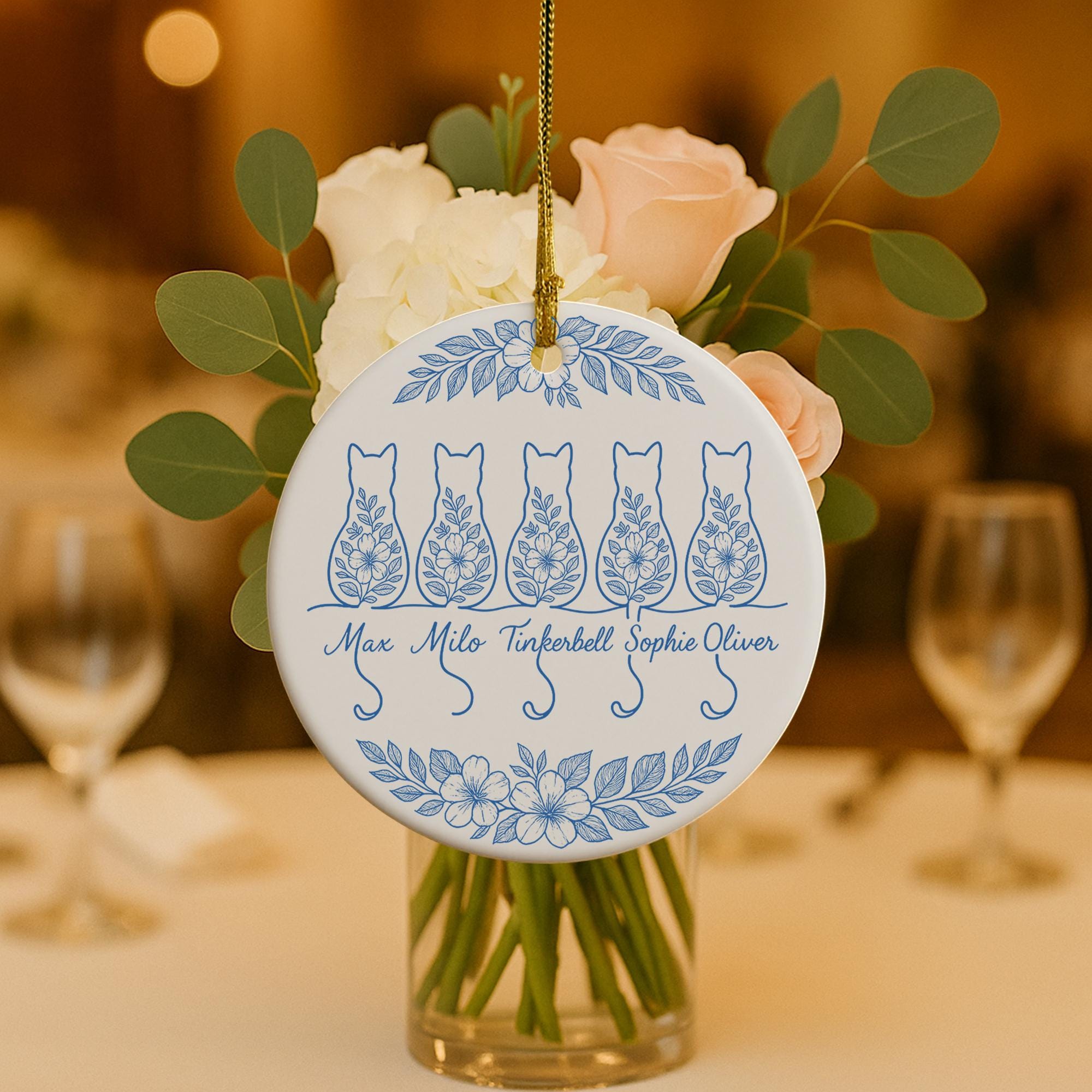 Custom Chinoiserie Cat Ornament: Blue & White Ceramic Christmas Keepsake