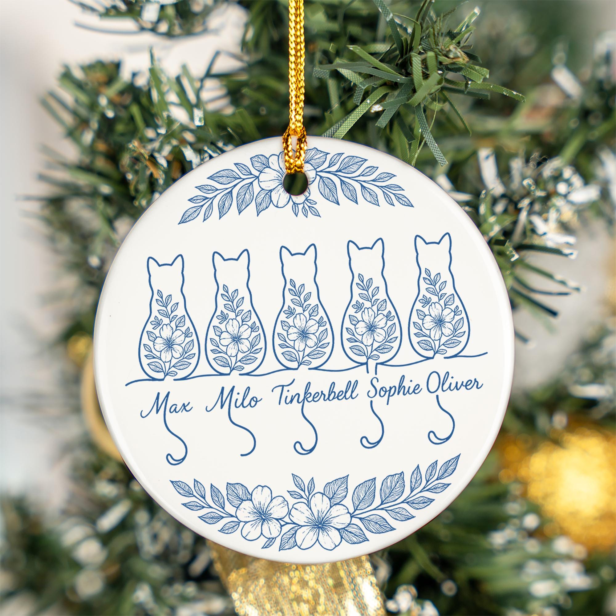 Custom Chinoiserie Cat Ornament: Blue & White Ceramic Christmas Keepsake