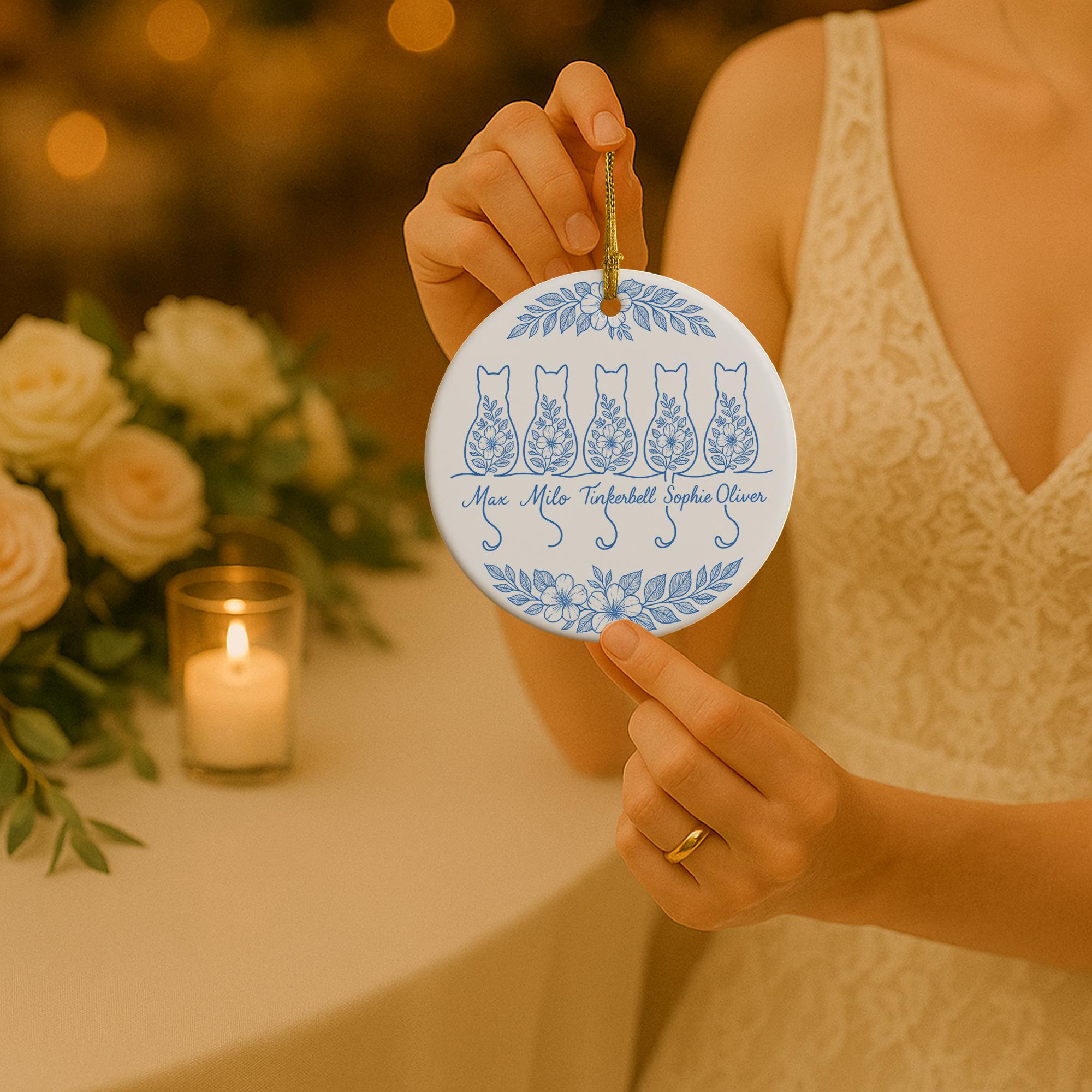 Custom Chinoiserie Cat Ornament: Blue & White Ceramic Christmas Keepsake