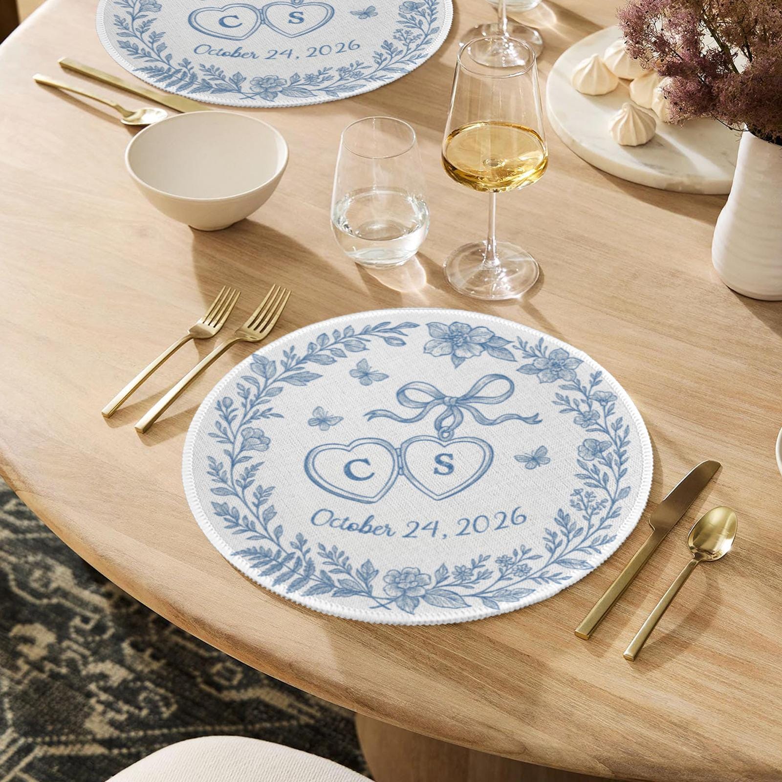 Custom Chinoiserie Wedding Placemat: Blue & White Monogram Table Decor