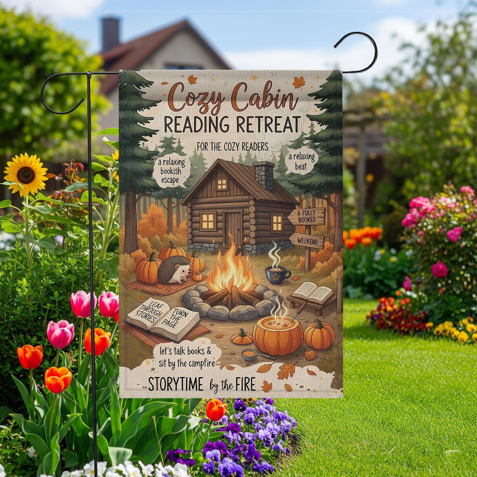 Cozy Cabin Reading Retreat Garden Flag: Autumn Books & Campfire