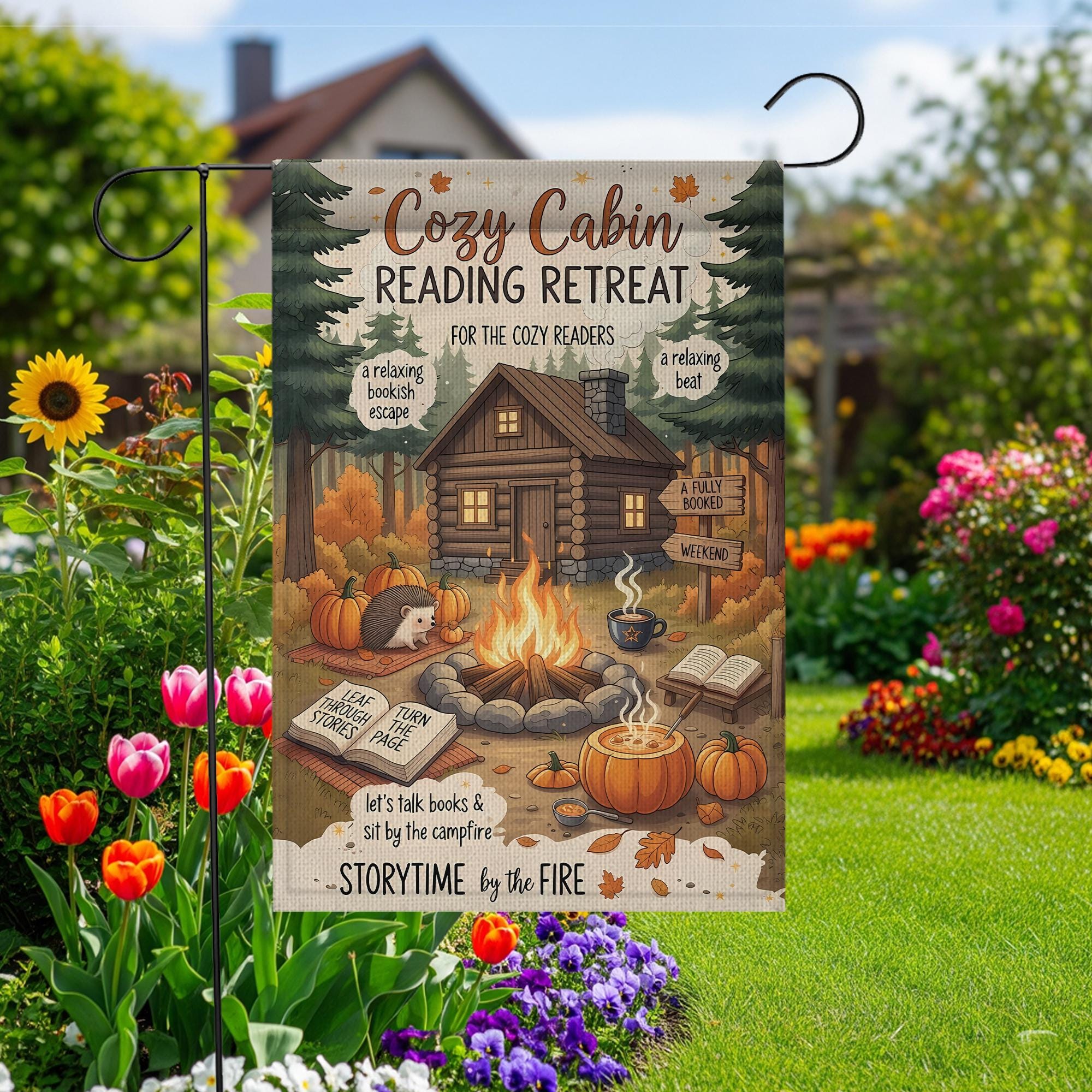 Cozy Cabin Reading Retreat Garden Flag: Autumn Books & Campfire