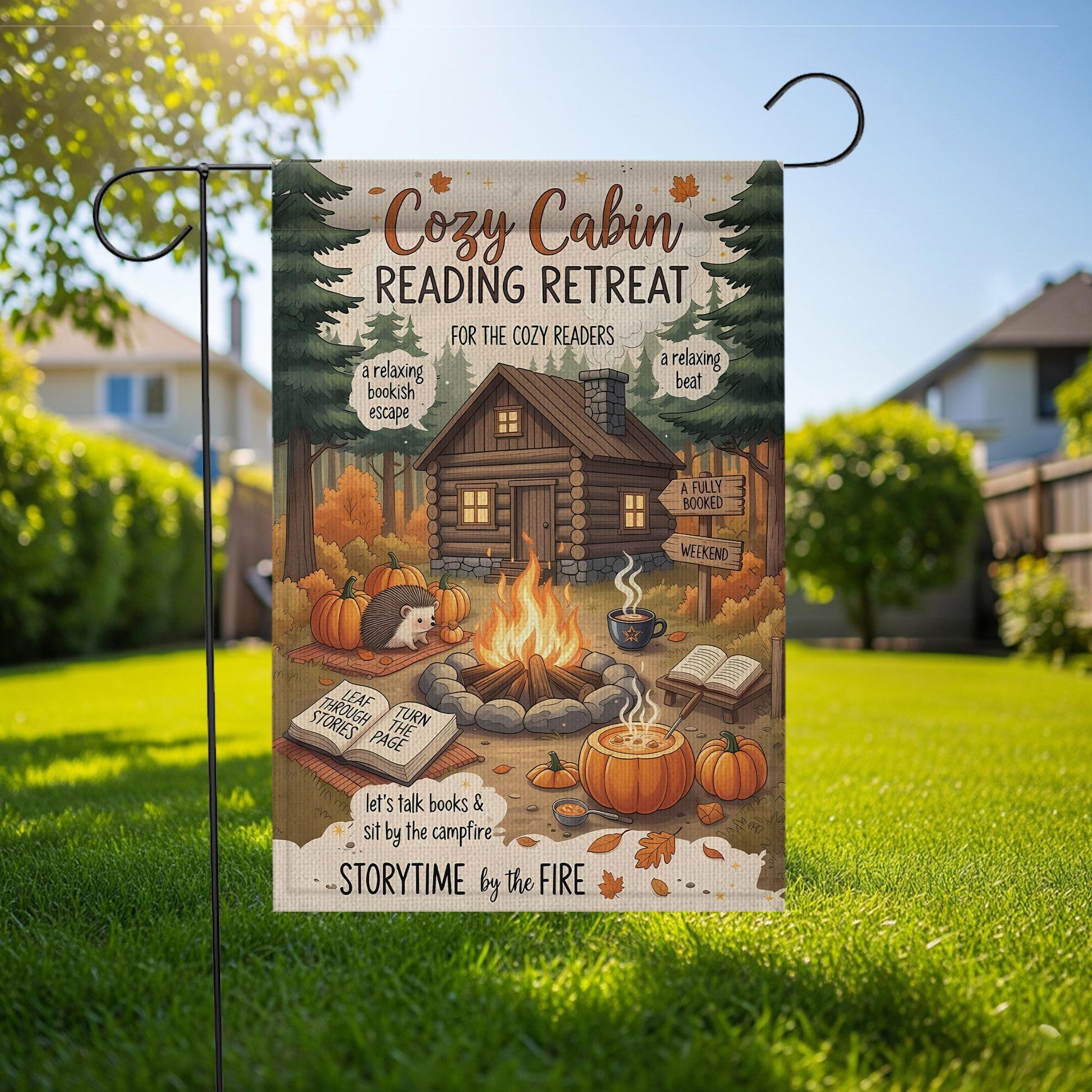 Cozy Cabin Reading Retreat Garden Flag: Autumn Books & Campfire
