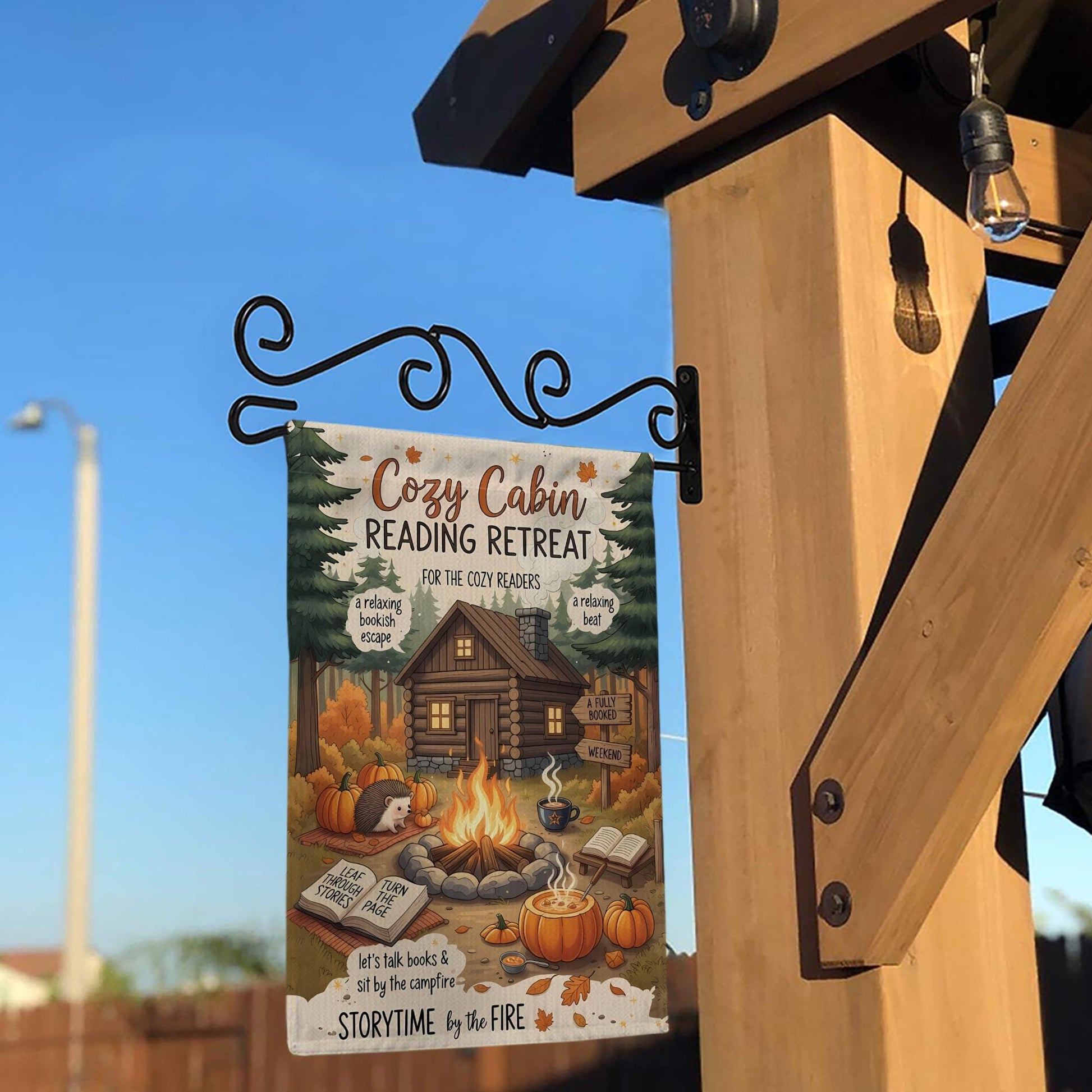 Cozy Cabin Reading Retreat Garden Flag: Autumn Books & Campfire
