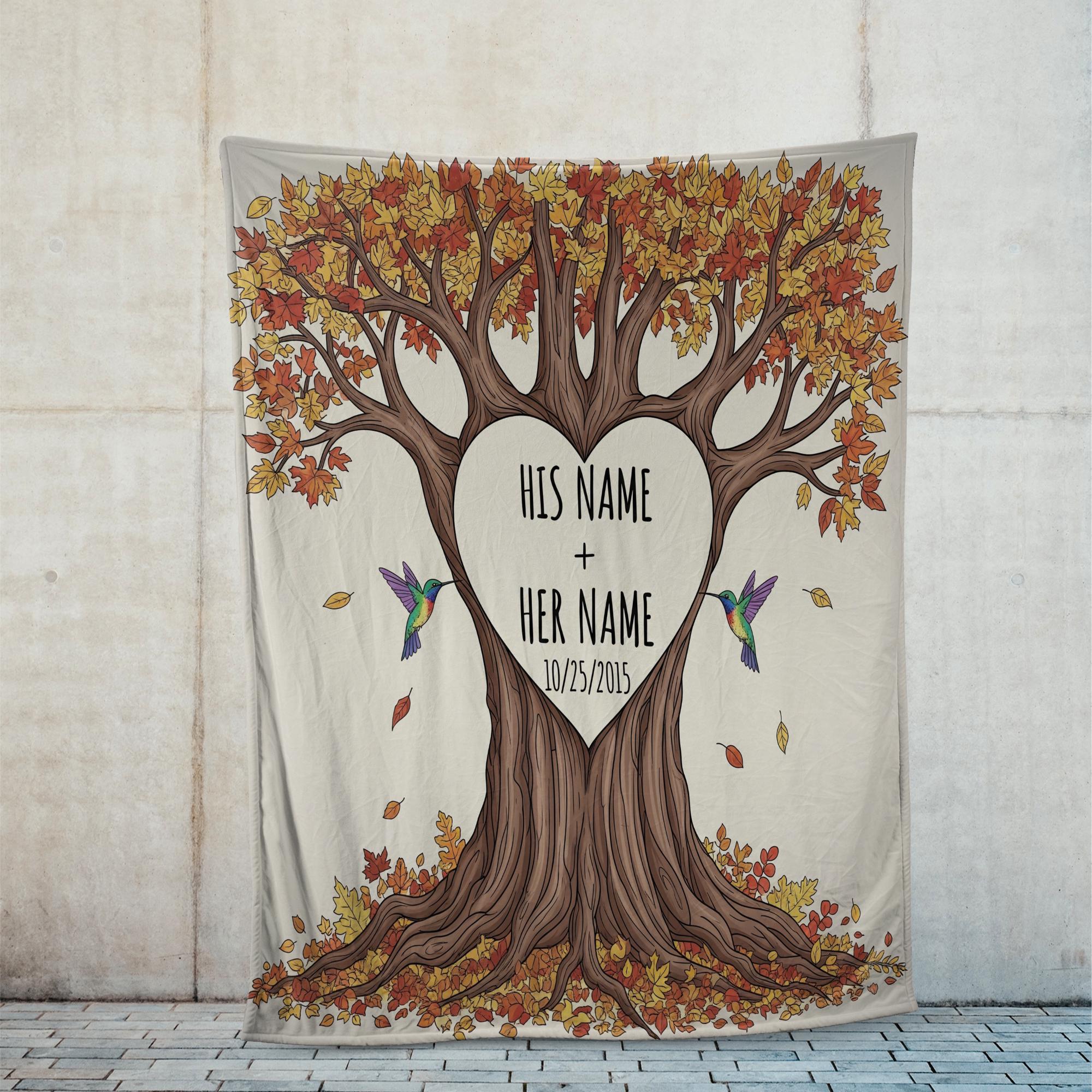 Personalized Couple Blanket with Tree & Names | Custom Wedding Gift, Anniversary Throw, Romantic Fall Decor, Love Story Keepsake