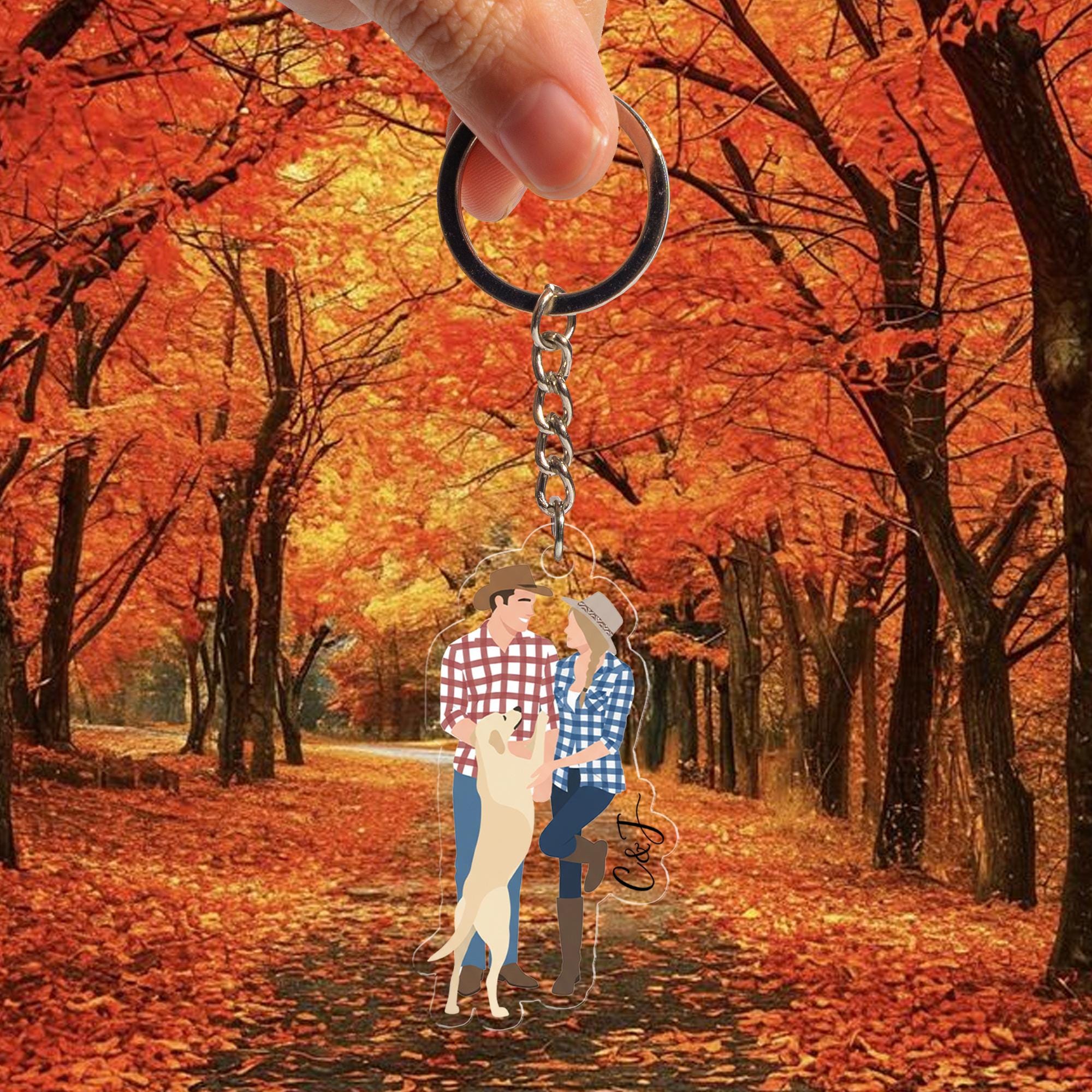 Custom Couple & Pet Keychain: Personalized Acrylic Illustration