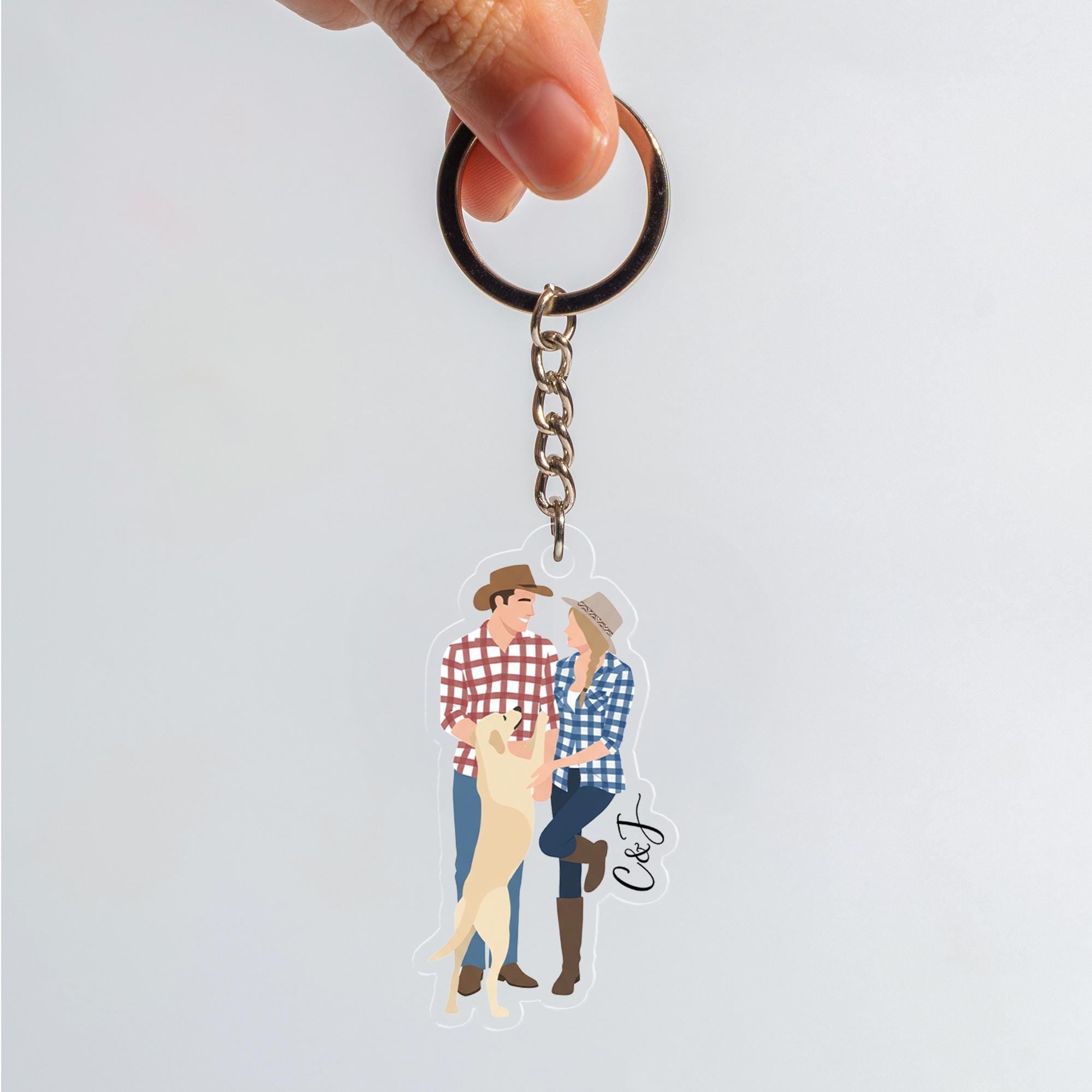 Custom Couple & Pet Keychain: Personalized Acrylic Illustration
