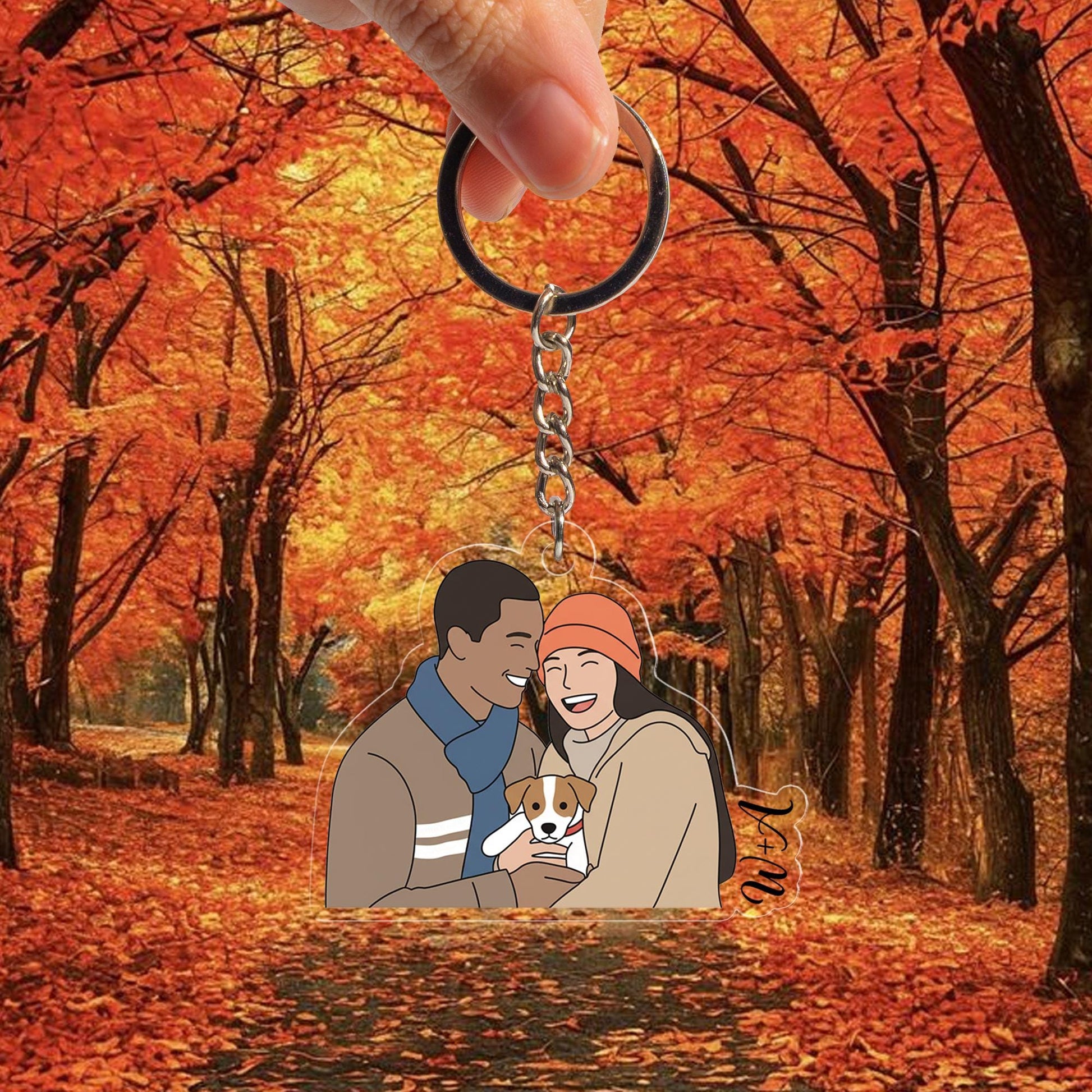 Custom Couple & Pet Keychain: Personalized Acrylic Illustration