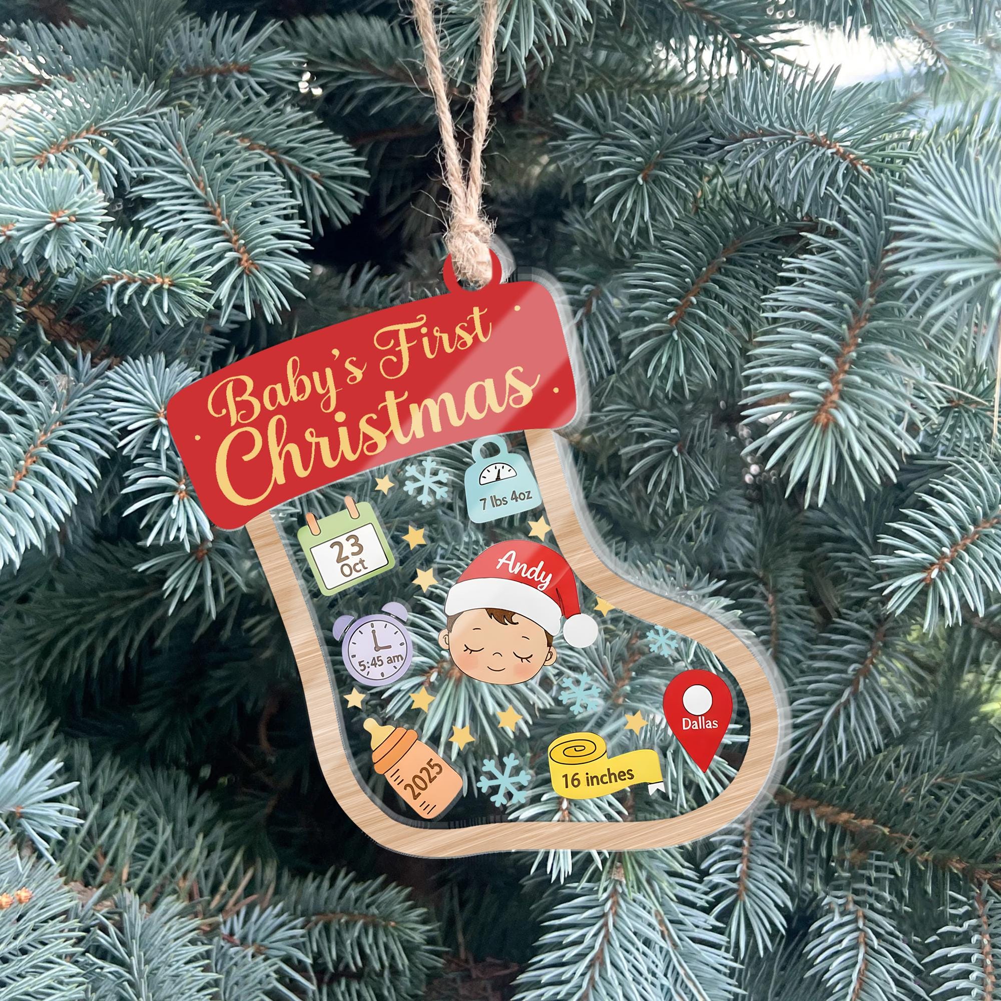 Baby’s First Christmas Ornament – Personalized Stocking Shaker Keepsake with Birth Stats Custom Name