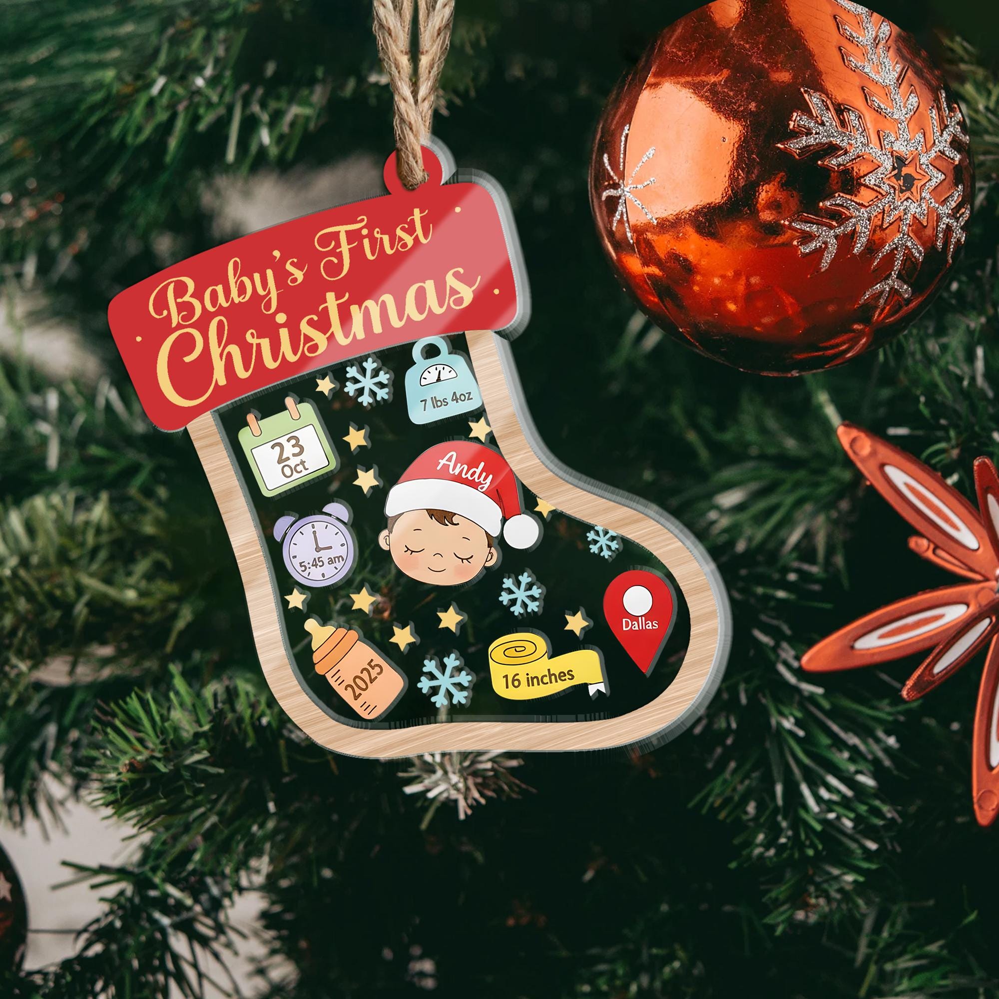Baby’s First Christmas Ornament – Personalized Stocking Shaker Keepsake with Birth Stats Custom Name
