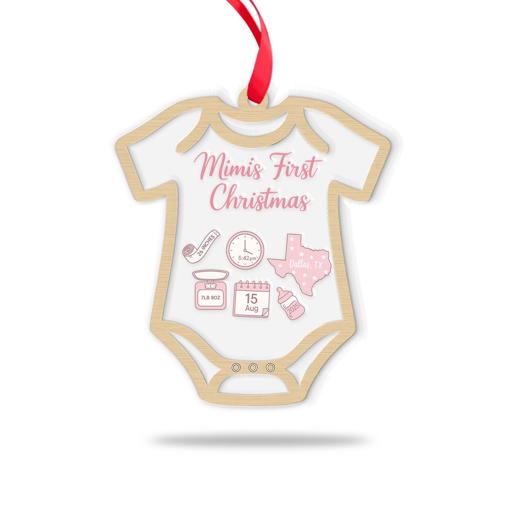 Baby’s First Christmas Ornament – Personalized Bodysuit Shaker Keepsake with Birth Stats Custom Name