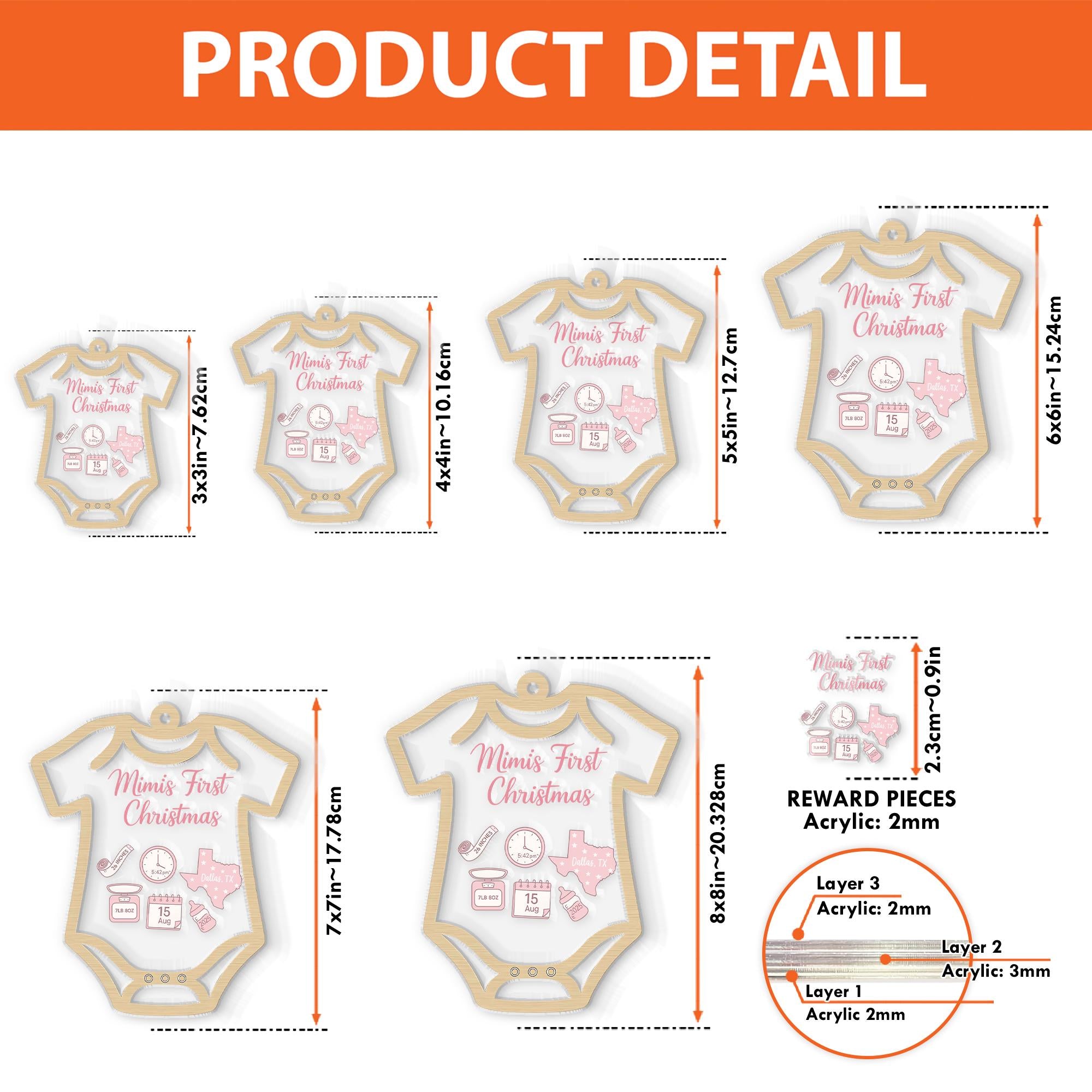 Baby’s First Christmas Ornament – Personalized Bodysuit Shaker Keepsake with Birth Stats Custom Name