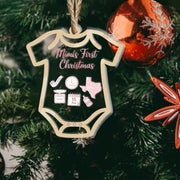Baby’s First Christmas Ornament – Personalized Bodysuit Shaker Keepsake with Birth Stats Custom Name
