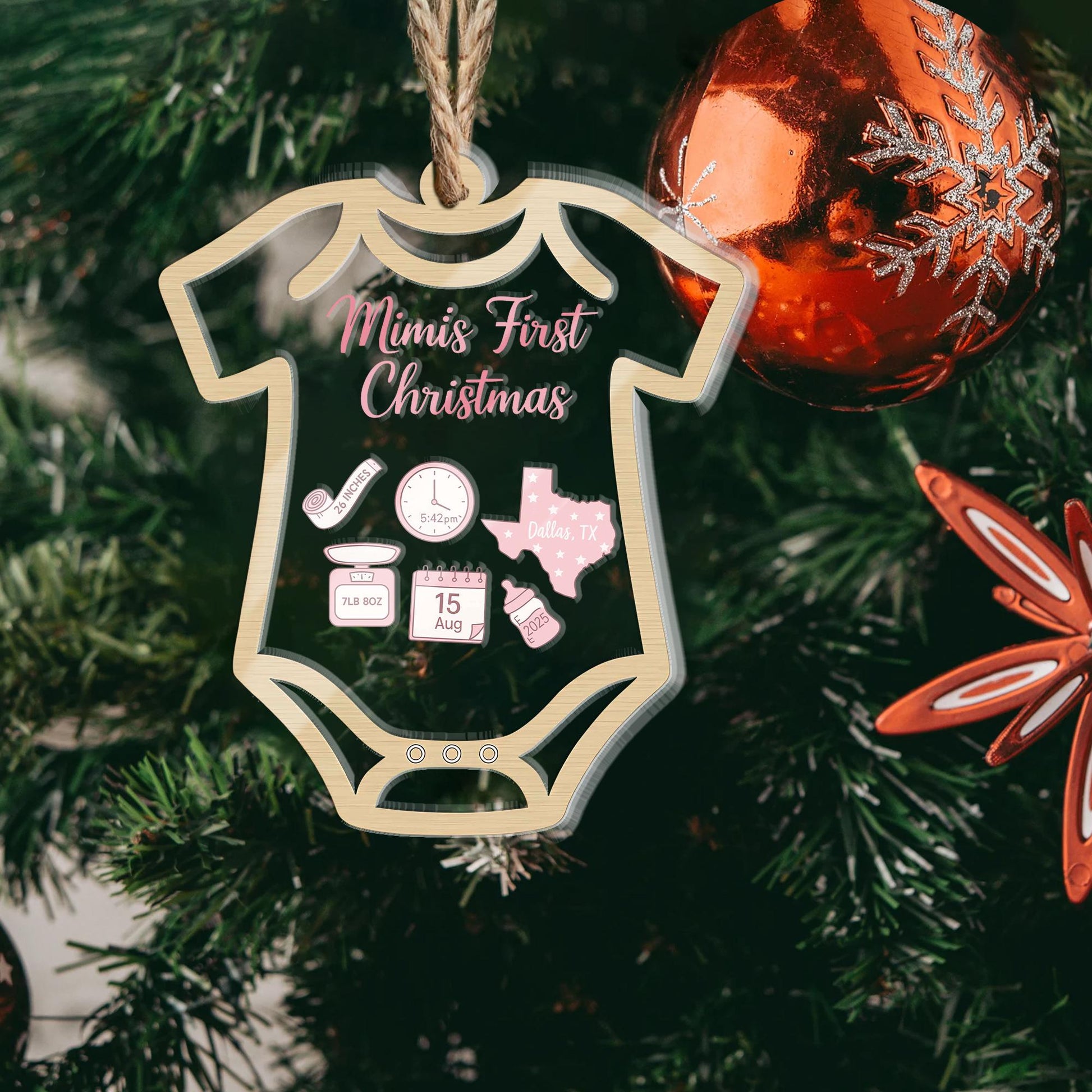 Baby’s First Christmas Ornament – Personalized Bodysuit Shaker Keepsake with Birth Stats Custom Name