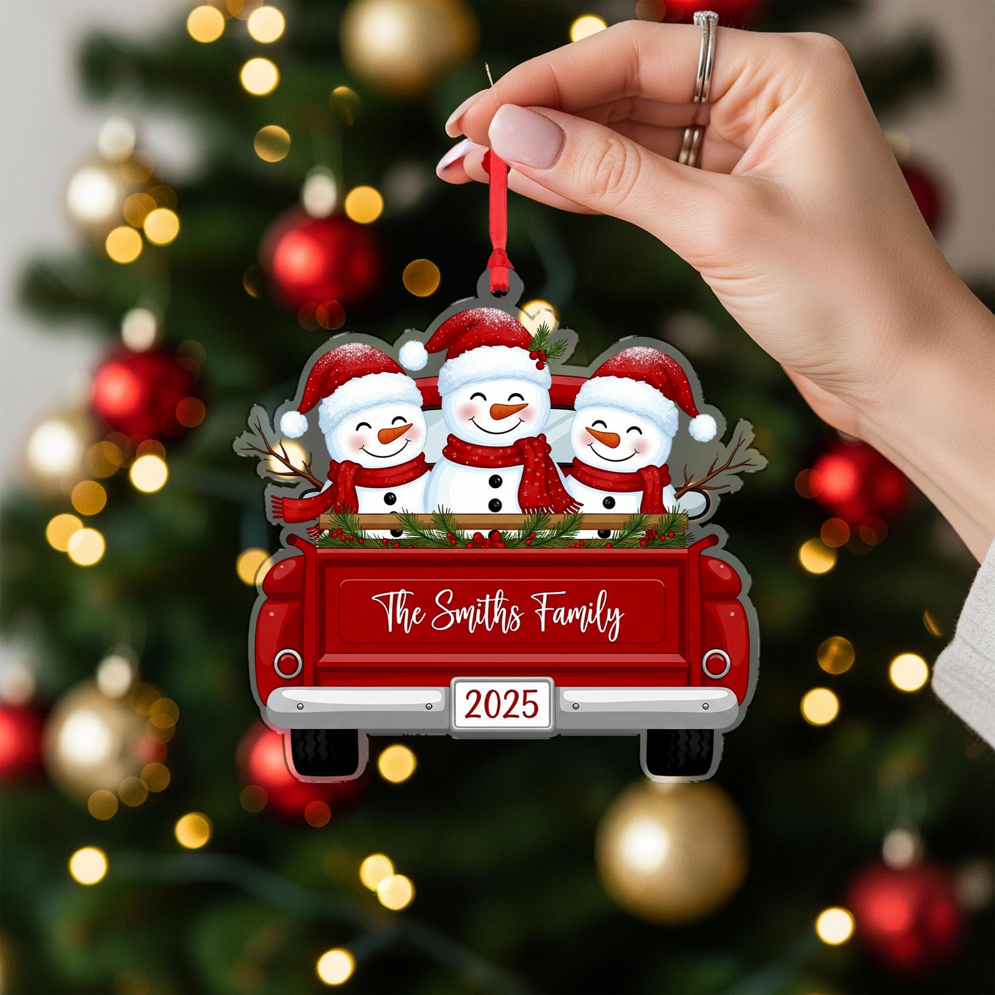 Personalized Snowman Family Ornament: Custom Red Truck Christmas Decoration