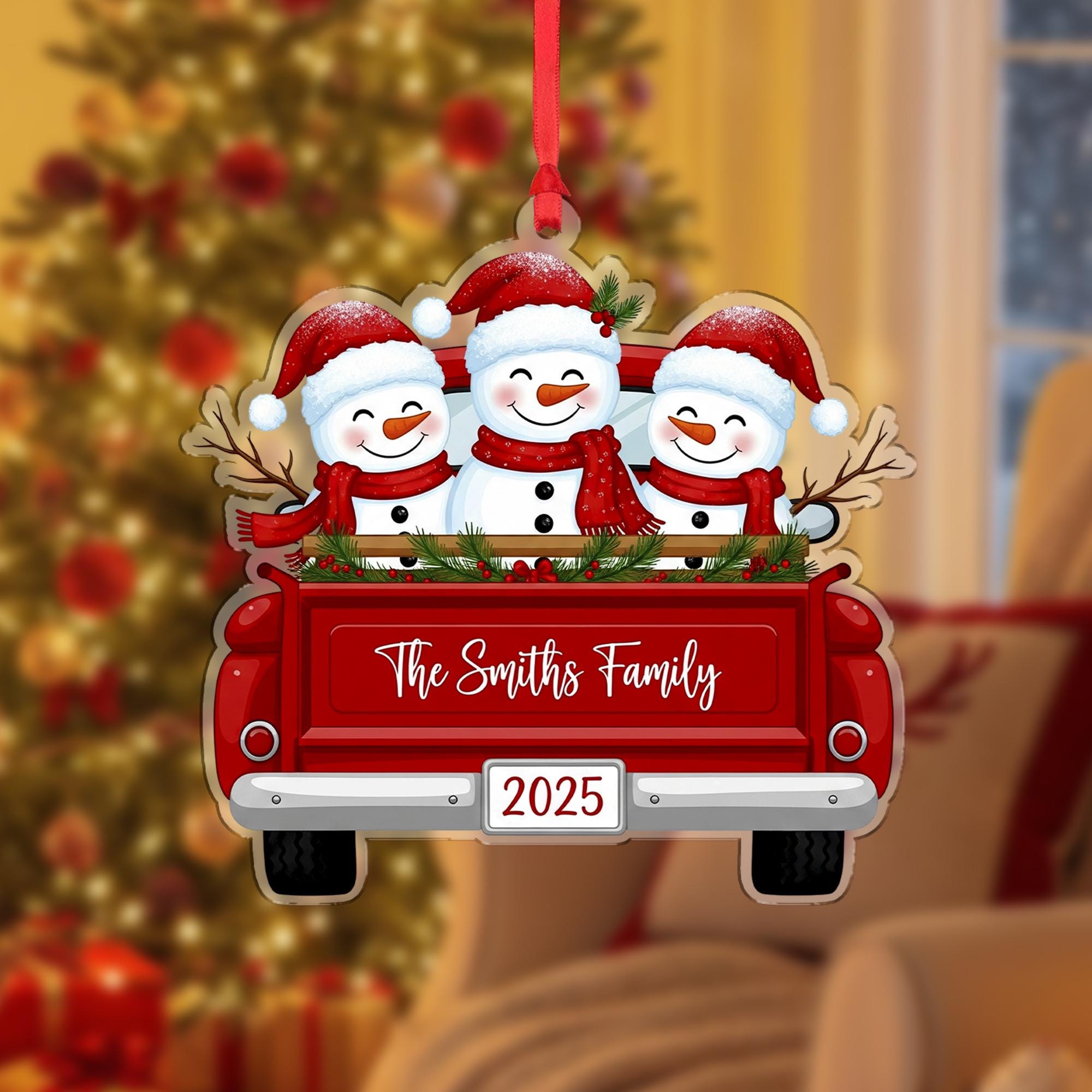 Personalized Snowman Family Ornament: Custom Red Truck Christmas Decoration