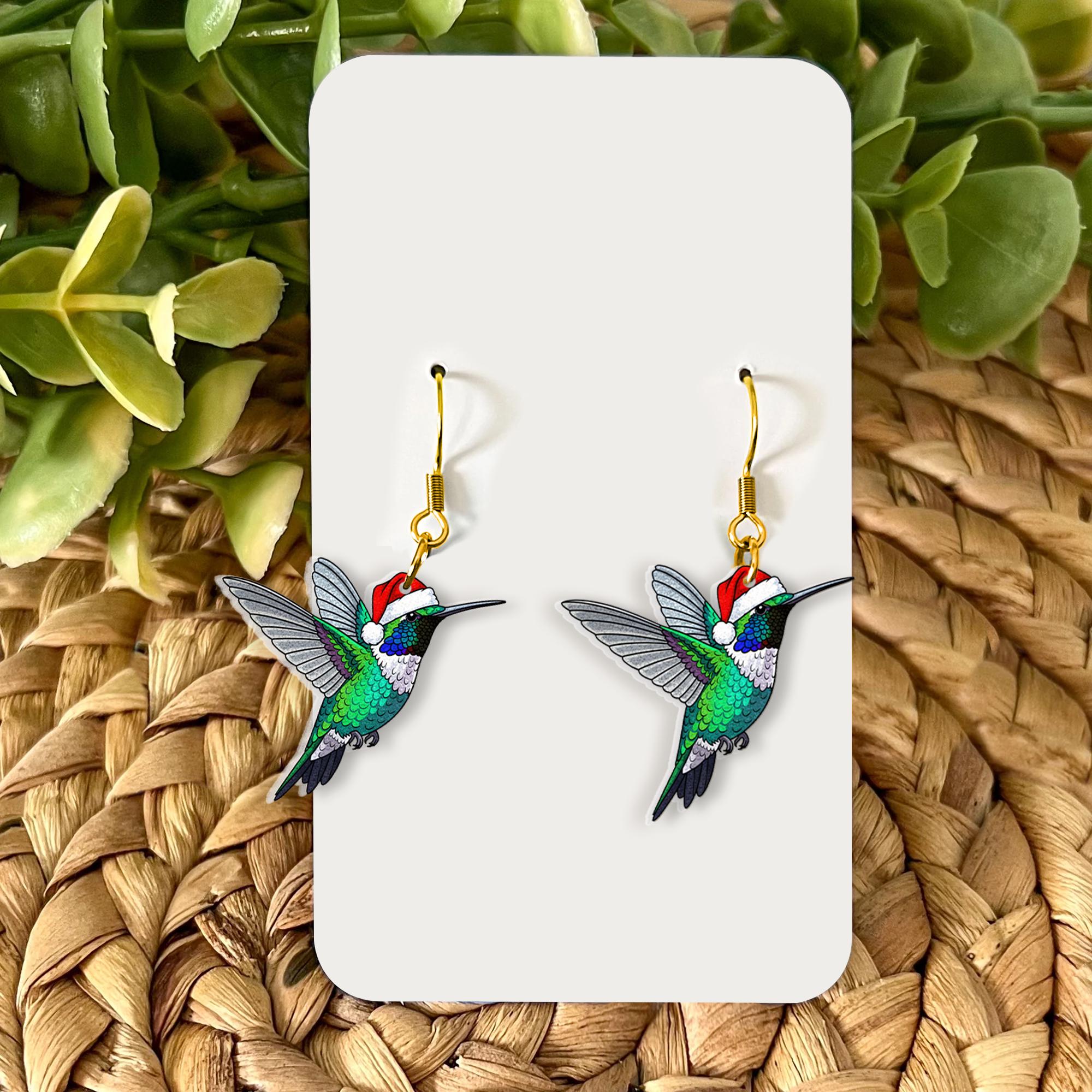 Christmas Hummingbird Earrings, Holiday Jewelry with Santa Hat Design