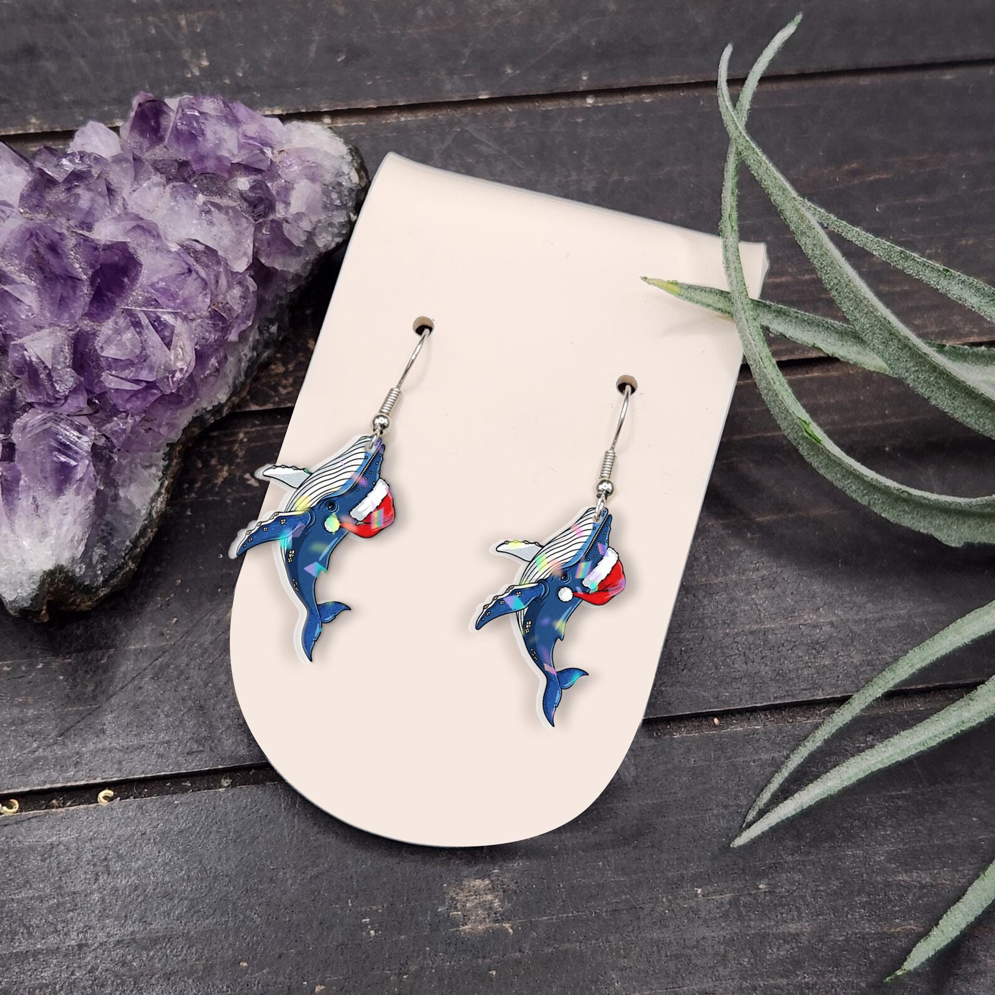 Christmas Whale Earrings, Ocean Jewelry with Santa Hat Holiday Design