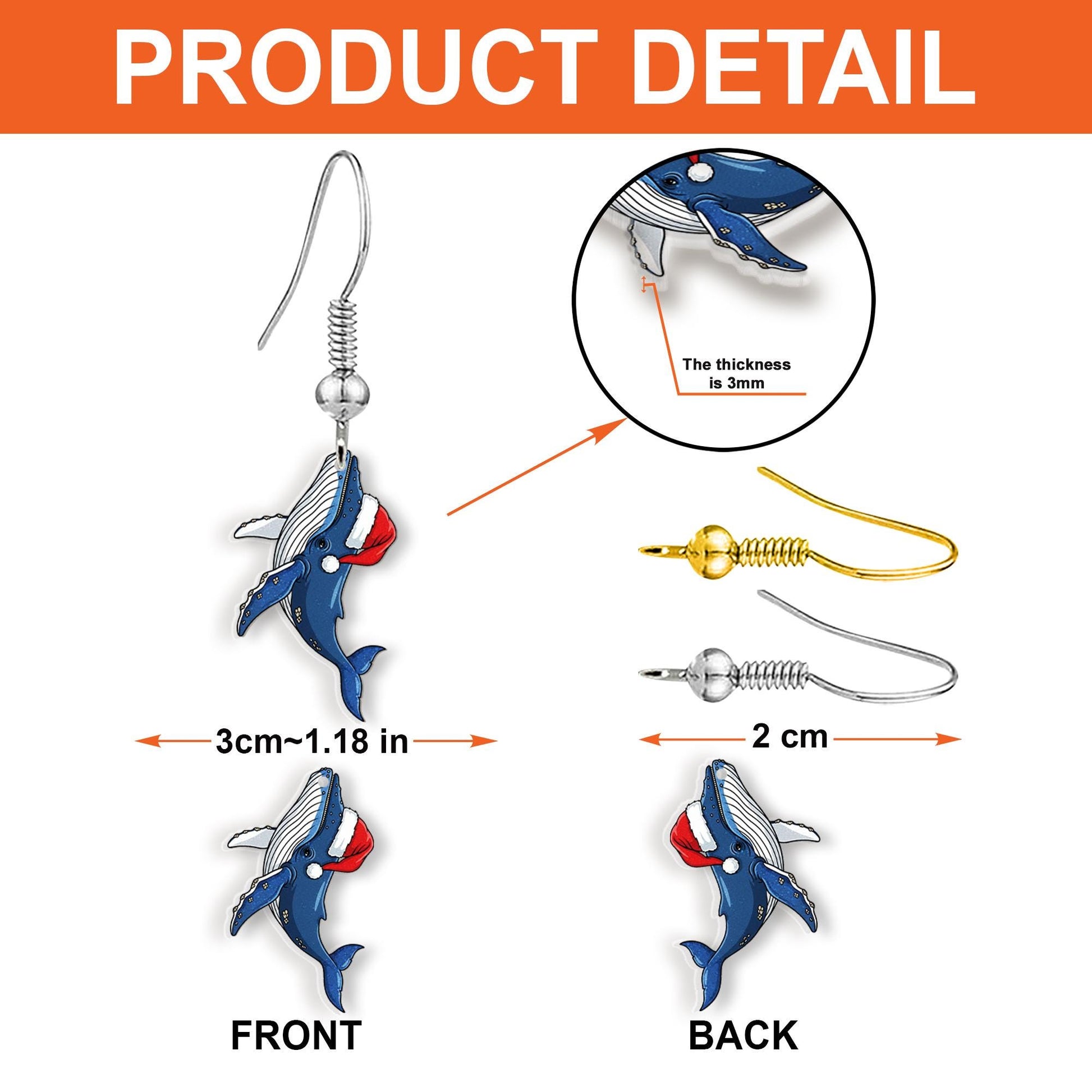 Christmas Whale Earrings, Ocean Jewelry with Santa Hat Holiday Design