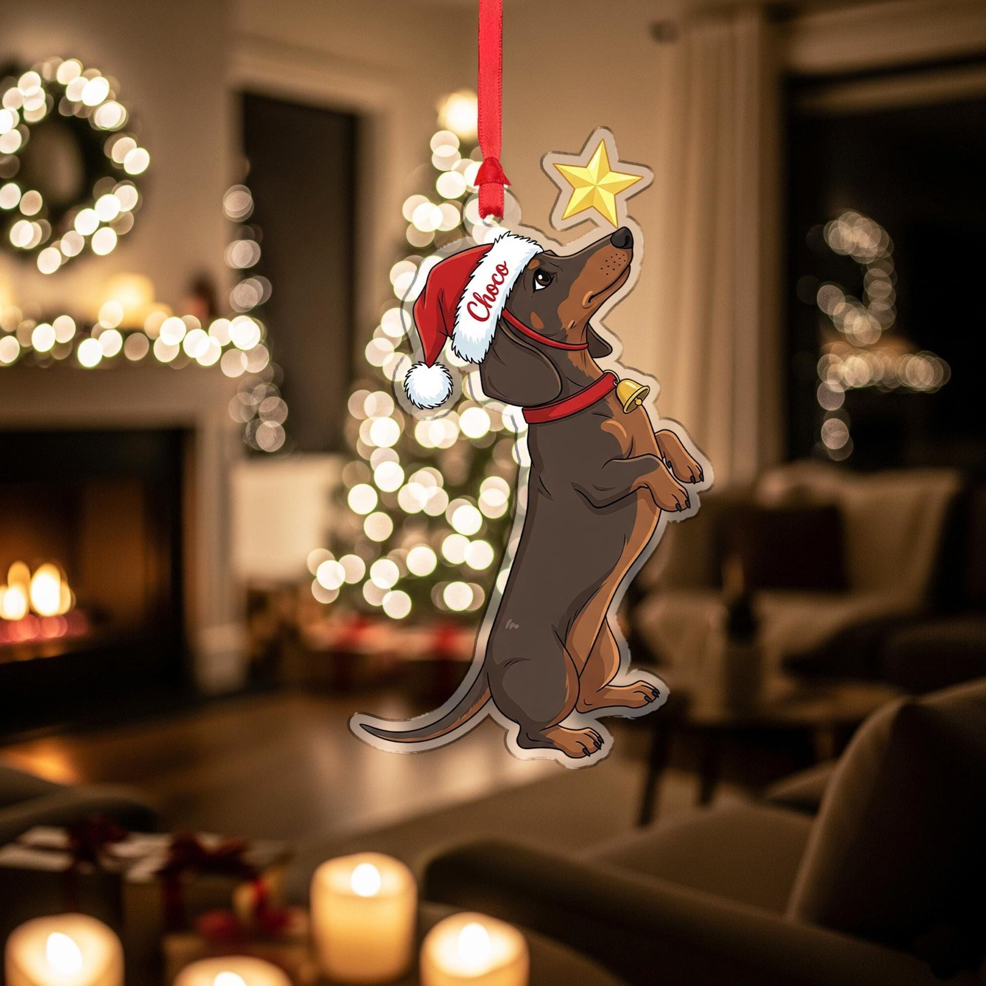 Personalized Dachshund Ornament, Custom Dog Christmas Decoration with Santa Hat