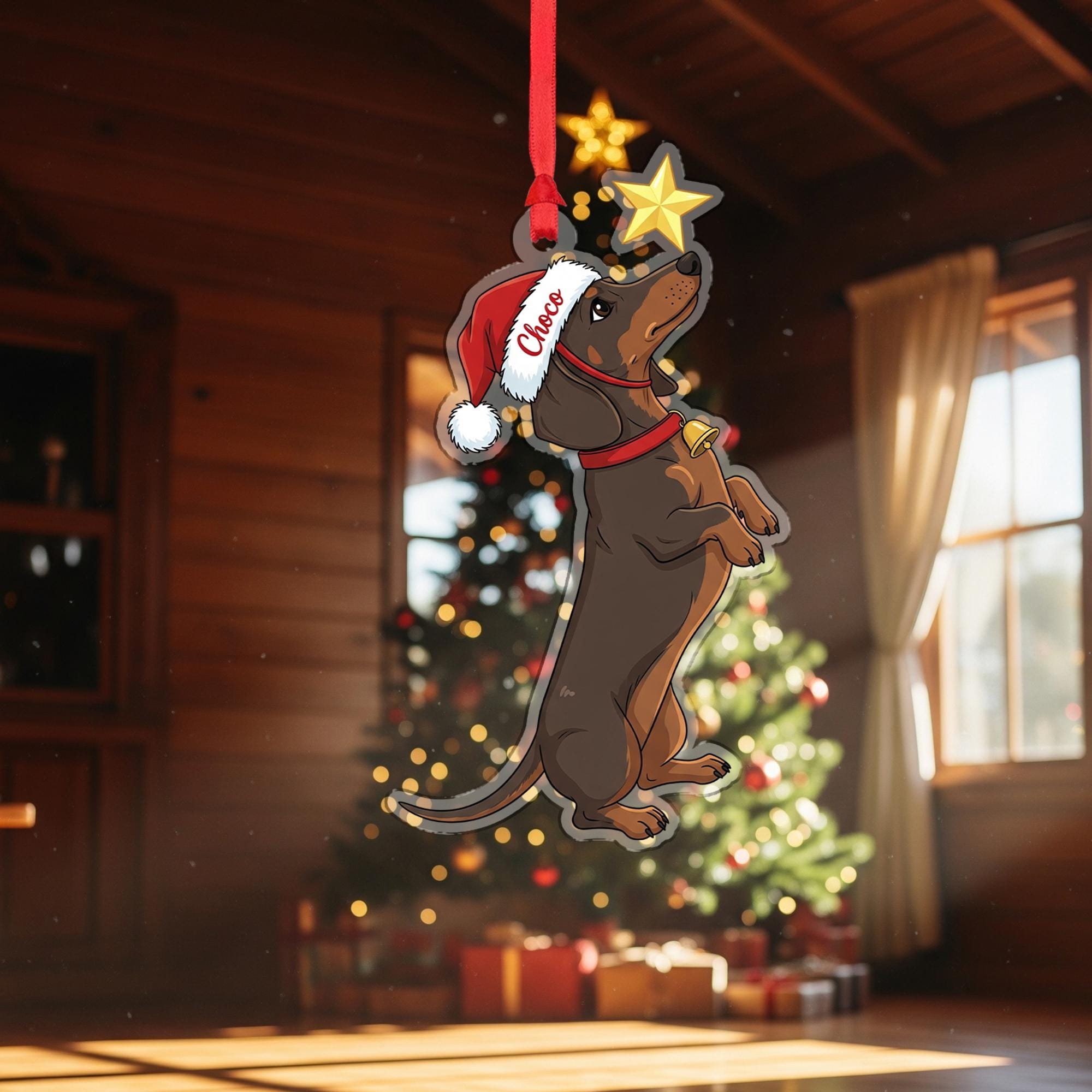 Personalized Dachshund Ornament, Custom Dog Christmas Decoration with Santa Hat