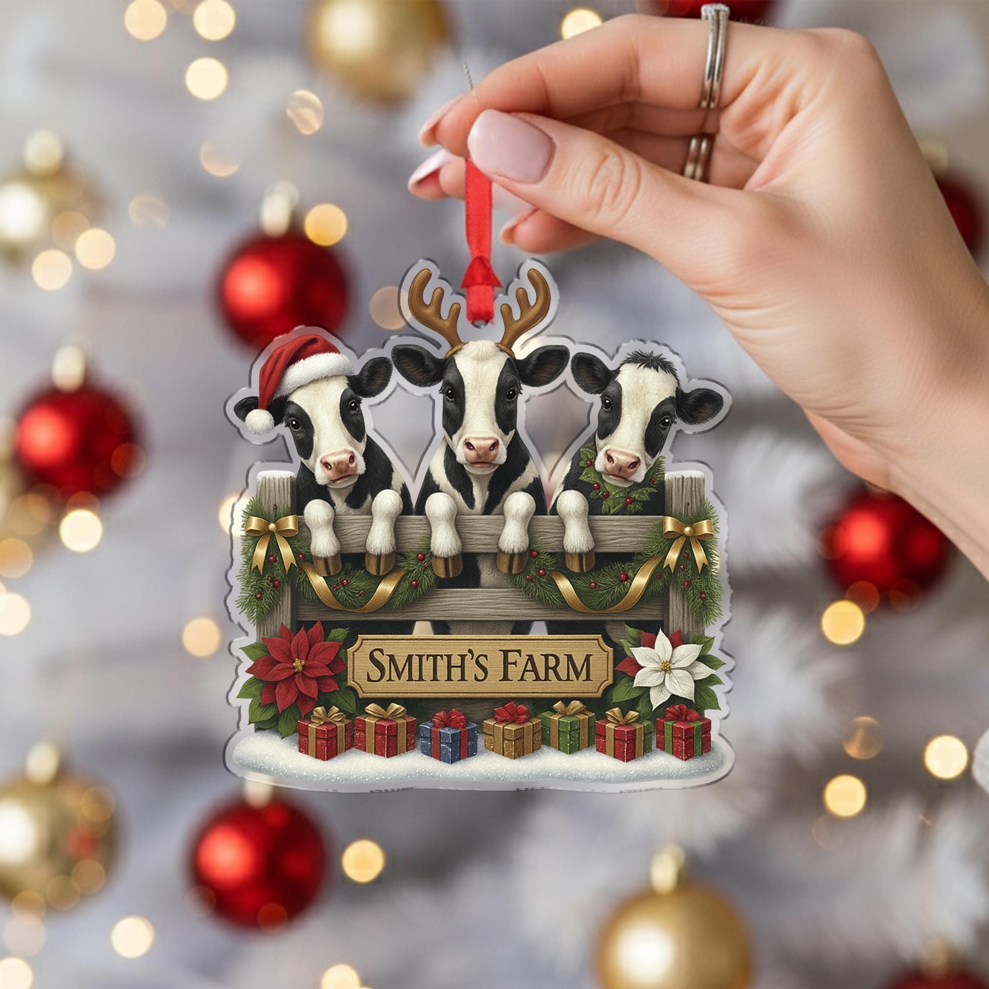 Personalized Cow Family Christmas Ornament, Custom Farm Name Sign, Farmhouse Rustic Holiday Decor, Farmer Gift, Animal Lover Keepsake