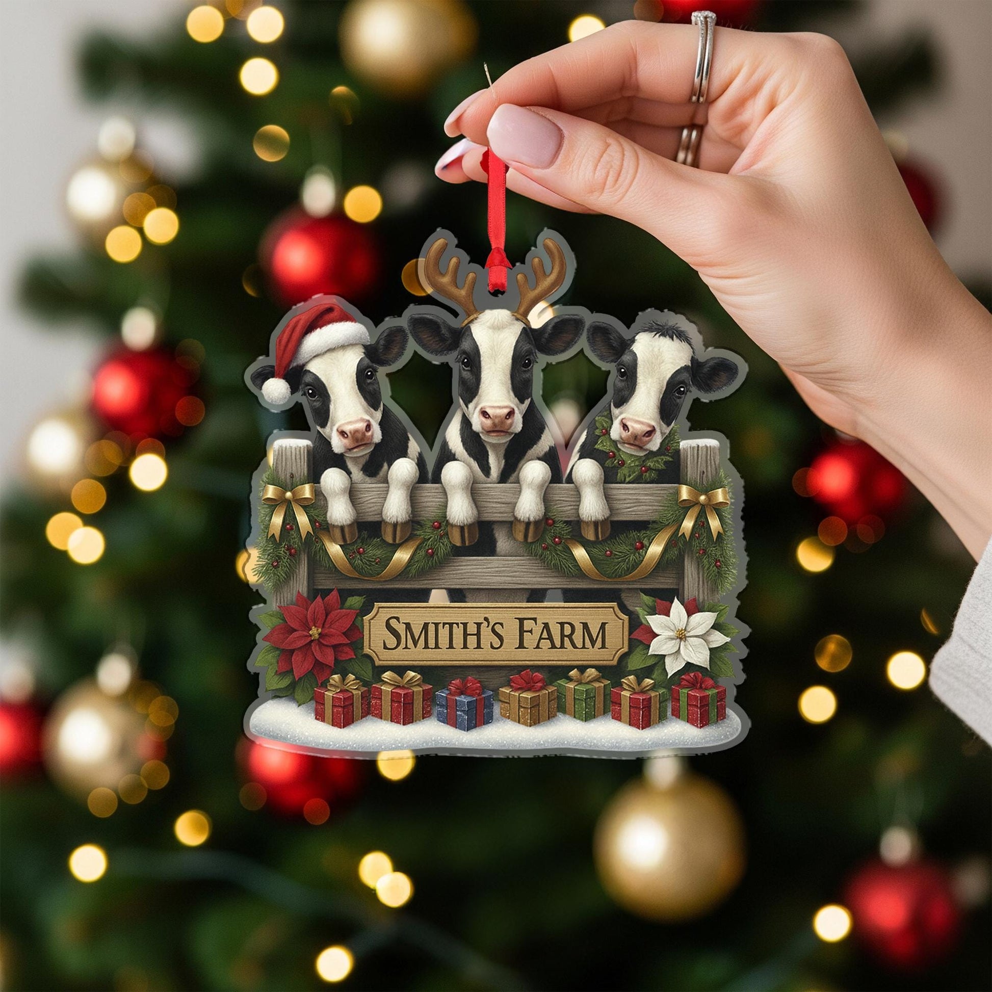 Personalized Cow Family Christmas Ornament, Custom Farm Name Sign, Farmhouse Rustic Holiday Decor, Farmer Gift, Animal Lover Keepsake