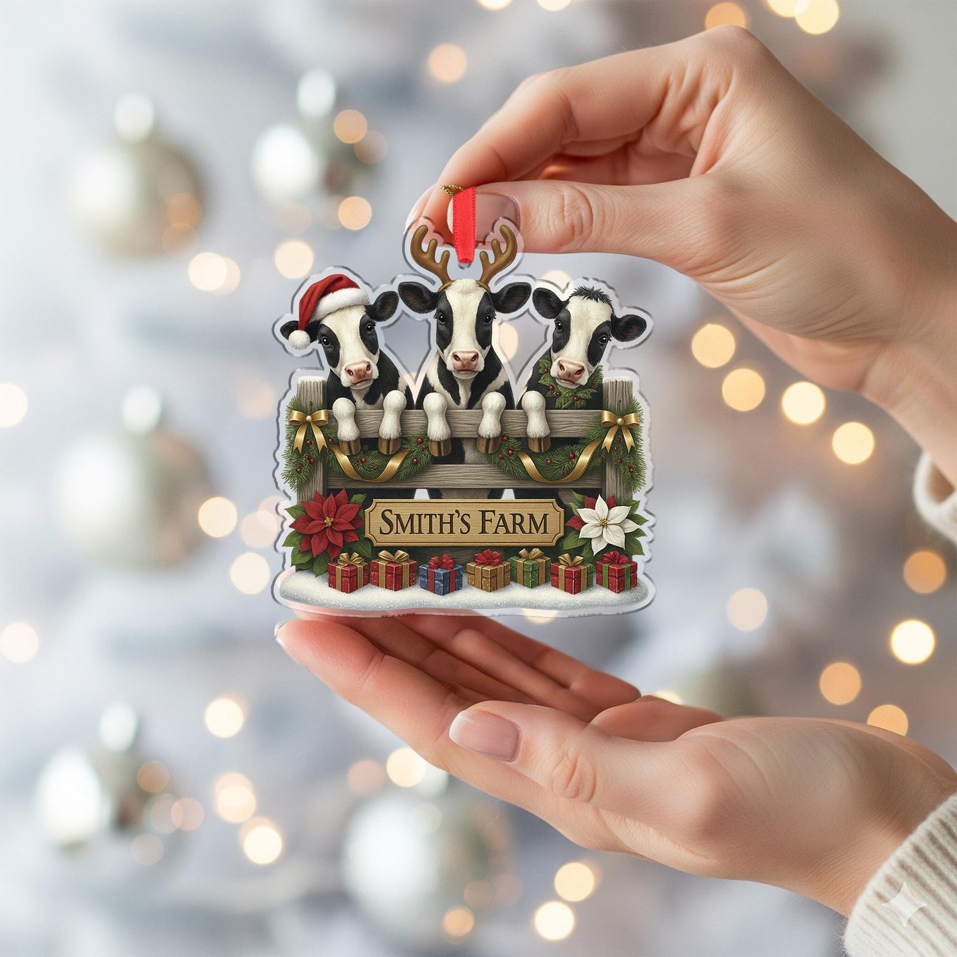 Personalized Cow Family Christmas Ornament, Custom Farm Name Sign, Farmhouse Rustic Holiday Decor, Farmer Gift, Animal Lover Keepsake