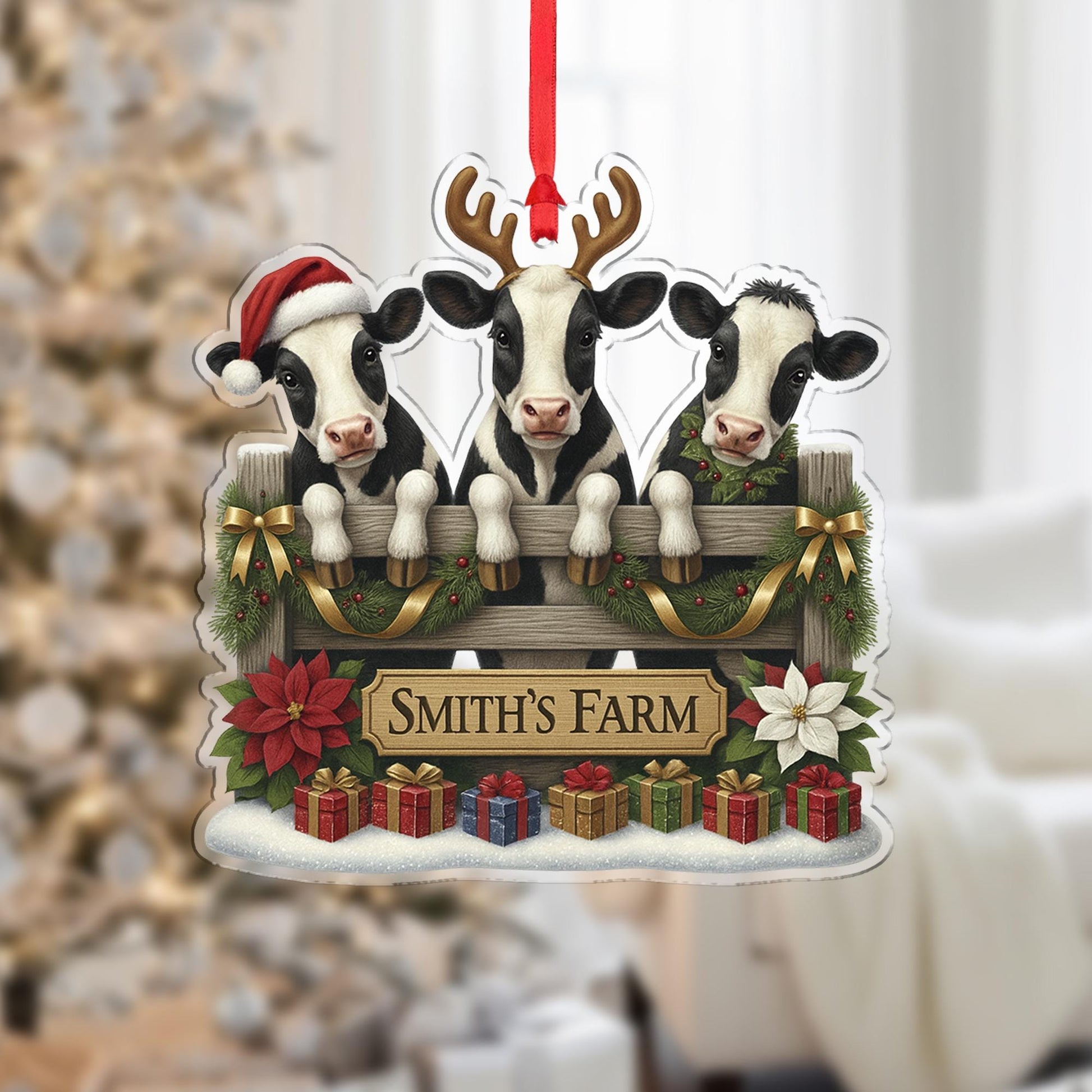 Personalized Cow Family Christmas Ornament, Custom Farm Name Sign, Farmhouse Rustic Holiday Decor, Farmer Gift, Animal Lover Keepsake