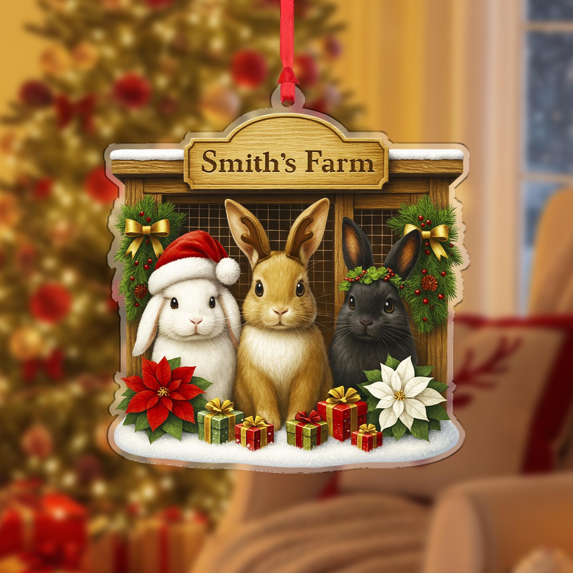 Personalized Rabbit Farm Christmas Ornament, Custom Bunny Family Name Decor, Farmhouse Rabbit Hutch Keepsake, Pet Lover Gift