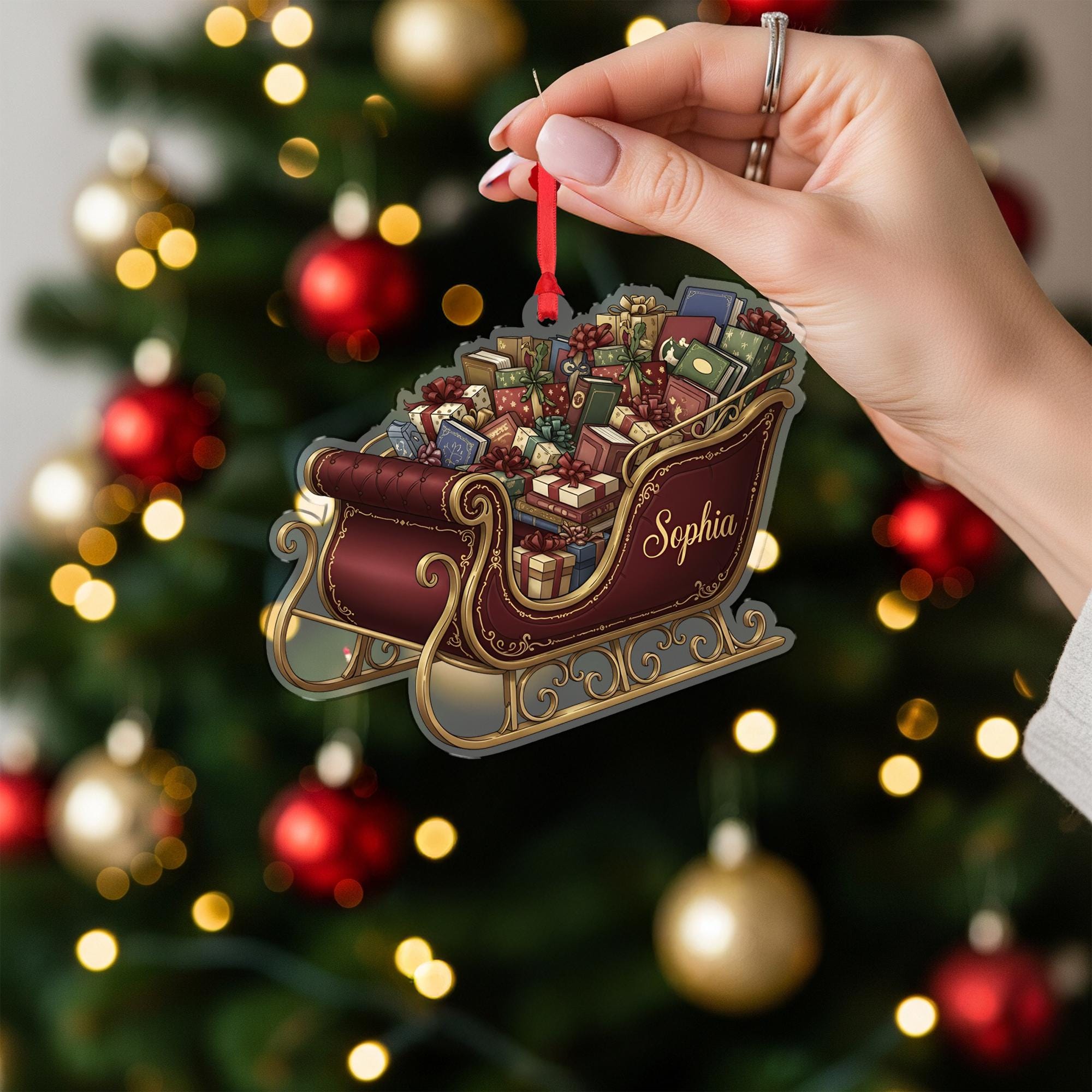 Personalized Sleigh Christmas Ornament – Custom Name Holiday Tree Decor Gift with Books and Presents