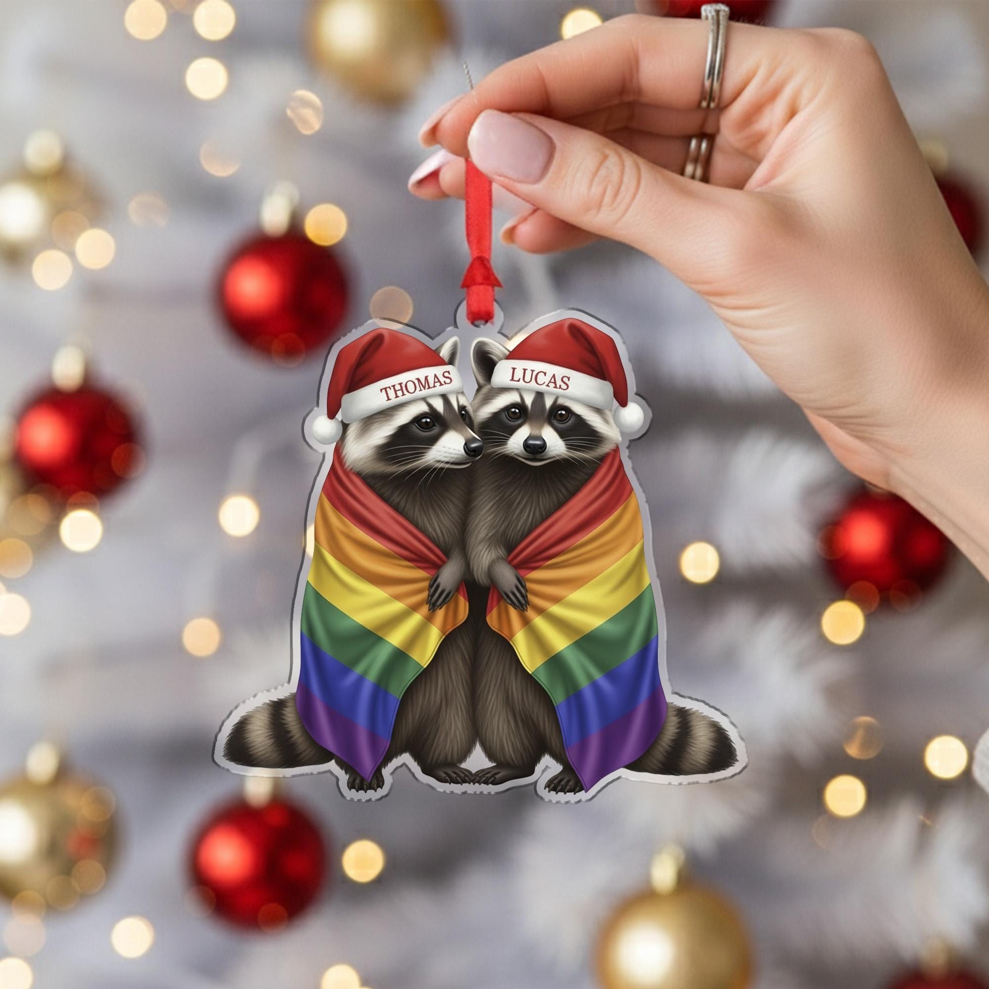 Personalized Raccoon Couple Christmas Ornament, Custom LGBTQ Pride Holiday Gift with Names, Gay Wedding Tree Decoration