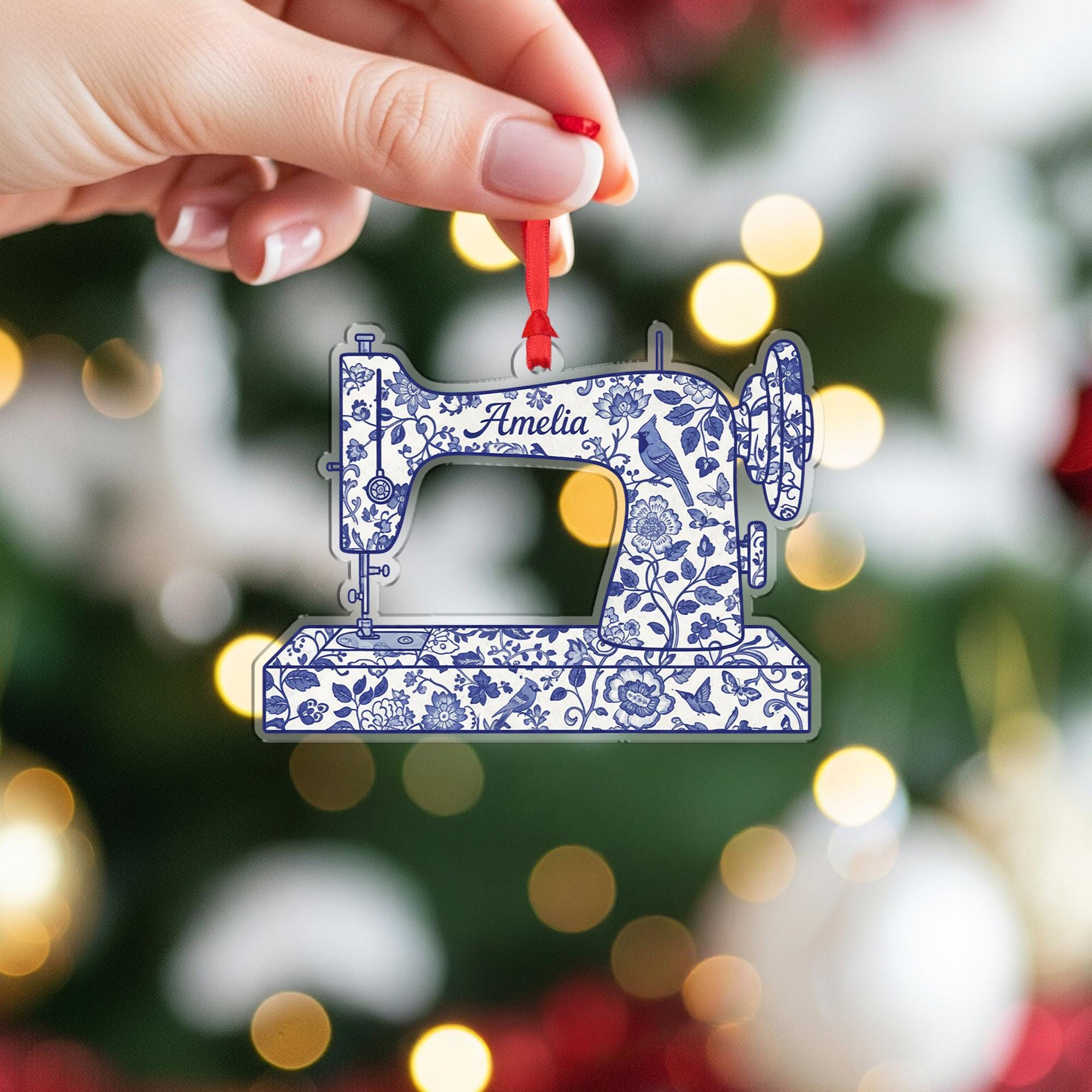 Personalized Sewing Machine Ornament, Custom Name Christmas Gift for Sewer, Blue Chinoiserie Seamstress Keepsake, Quilter Mom Gift Idea