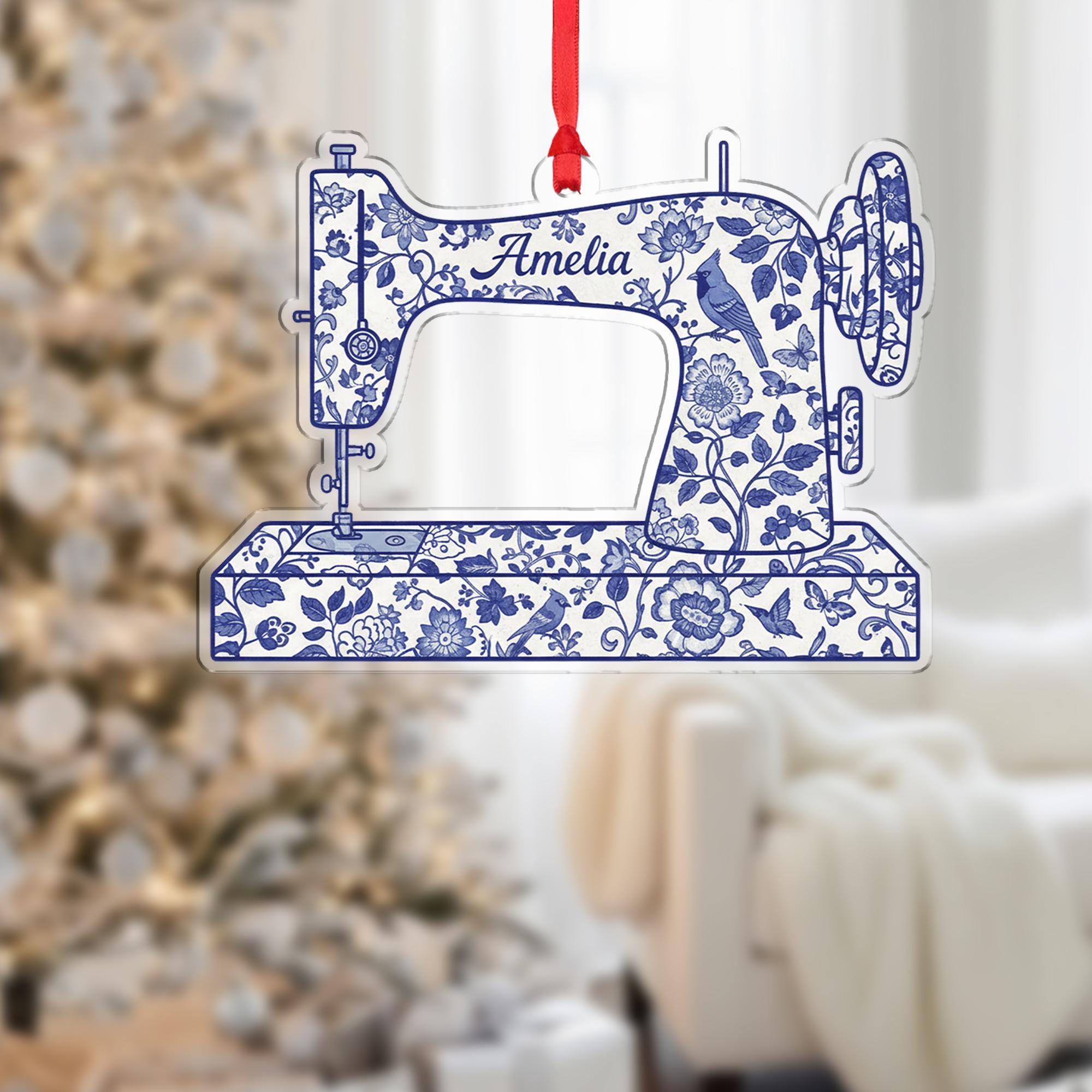 Personalized Sewing Machine Ornament, Custom Name Christmas Gift for Sewer, Blue Chinoiserie Seamstress Keepsake, Quilter Mom Gift Idea