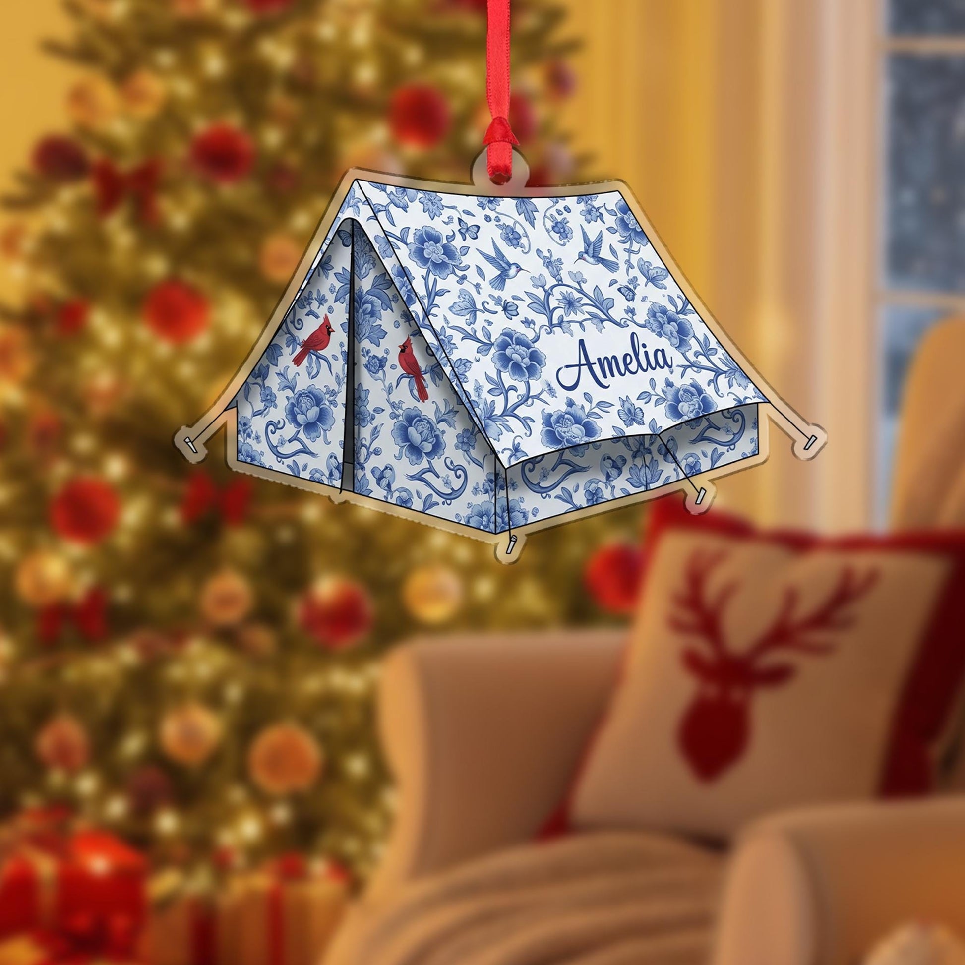 Custom Chinoiserie Tent Christmas Ornament - Personalized Camping Keepsake