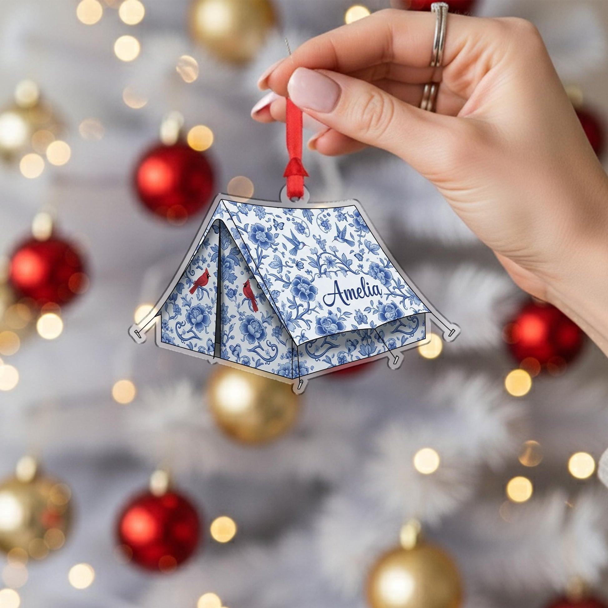 Custom Chinoiserie Tent Christmas Ornament - Personalized Camping Keepsake