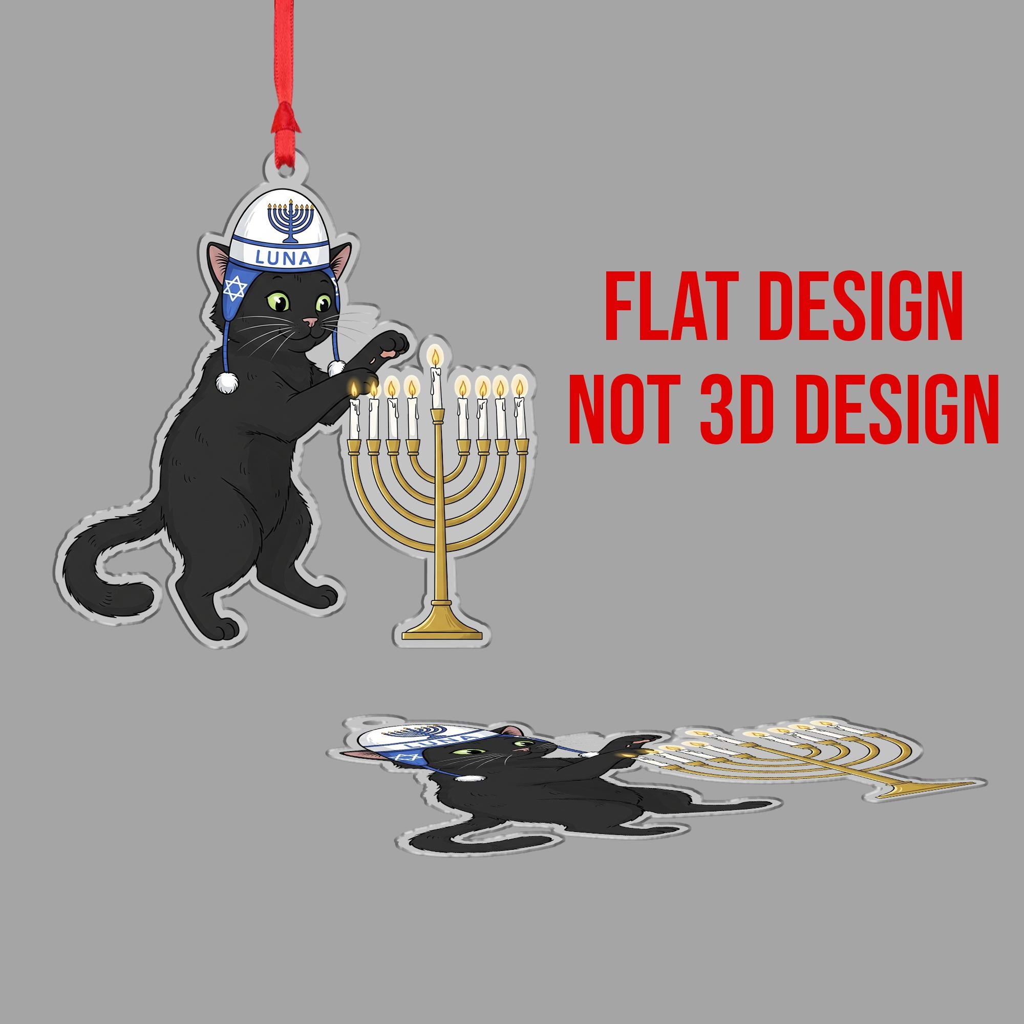 Custom Cat Hanukkah Ornament: Black Cat with Menorah and Kippah Decoration